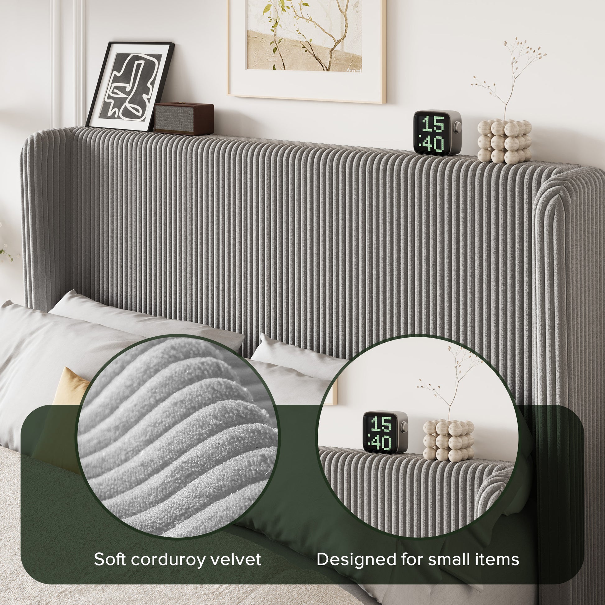 Einfach Luxury Channel-Tufted Corduroy Velvet Platform Bed Frame with Wingback Headboard