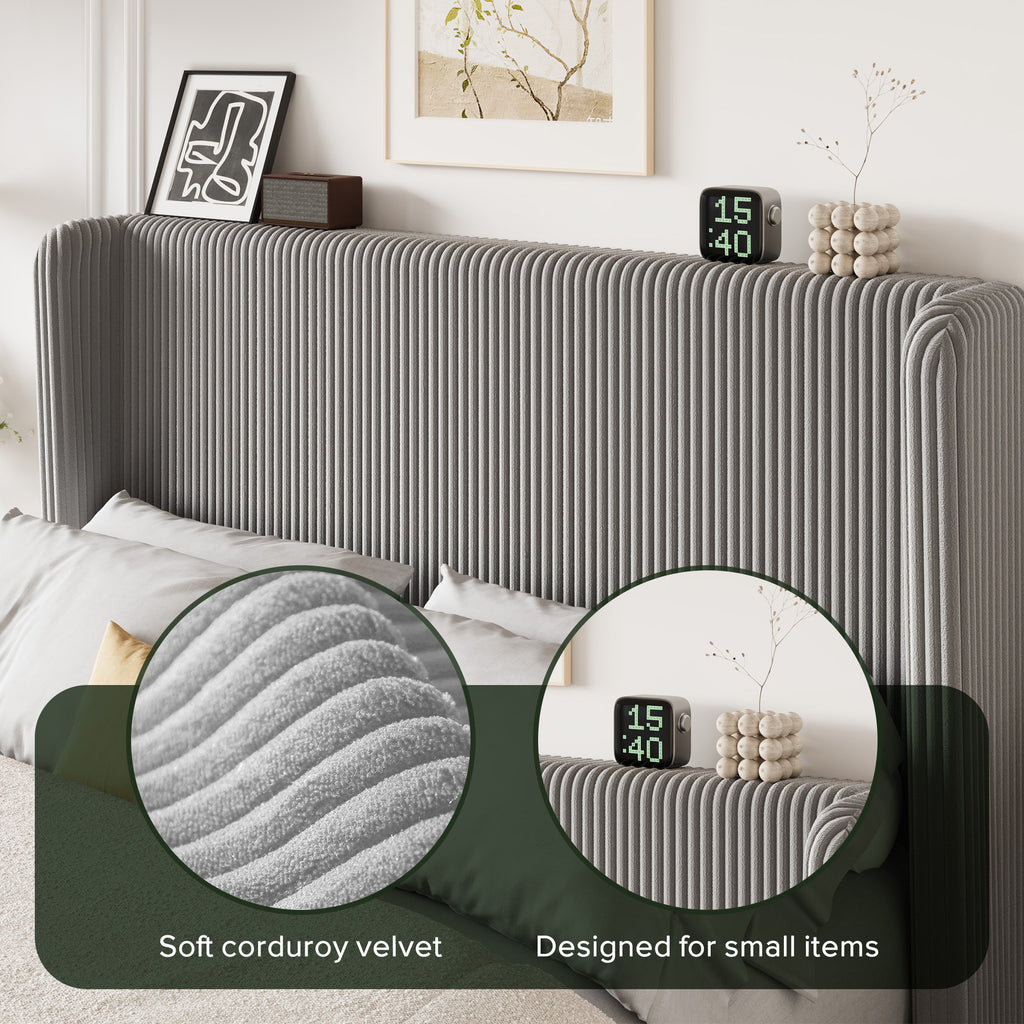 Einfach Luxury Channel-Tufted Corduroy Velvet Platform Bed Frame with Wingback Headboard
