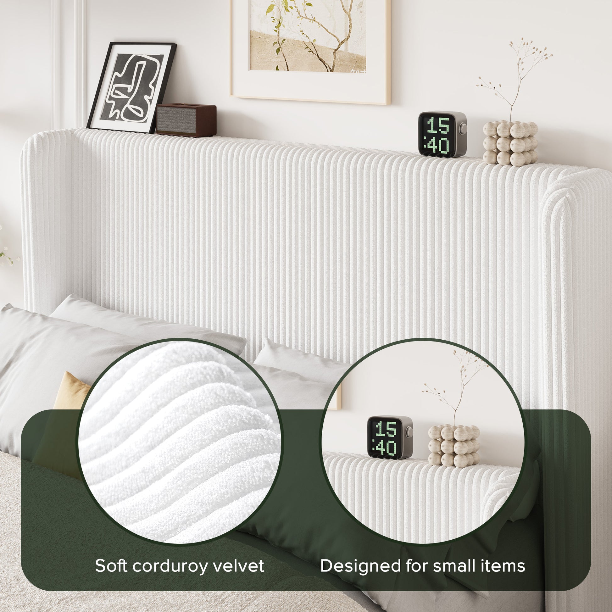 Einfach Luxury Channel-Tufted Corduroy Velvet Platform Bed Frame with Wingback Headboard