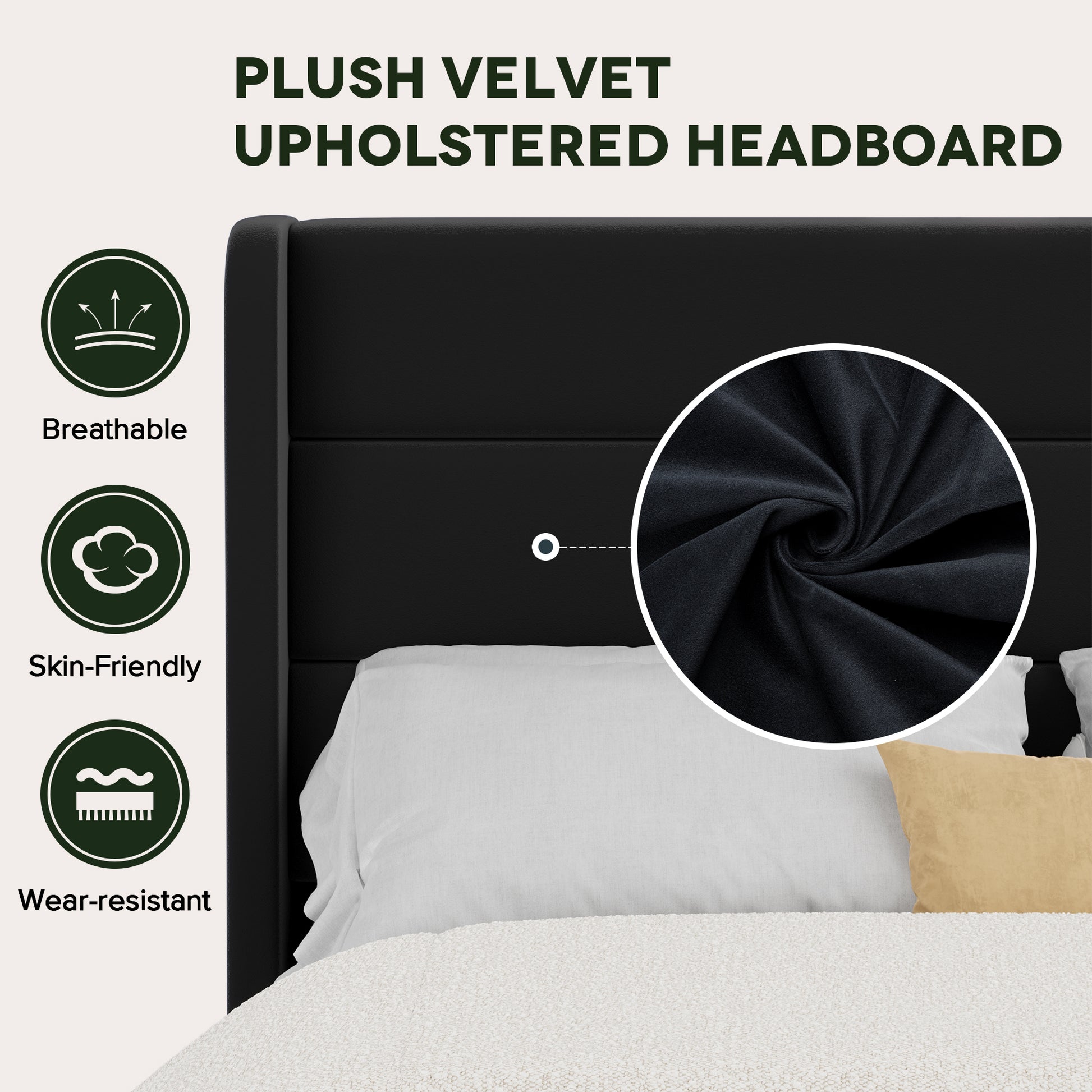 Einfach Luxury Velvet Upholstered Platform Bed Frame with Wingback Headboard