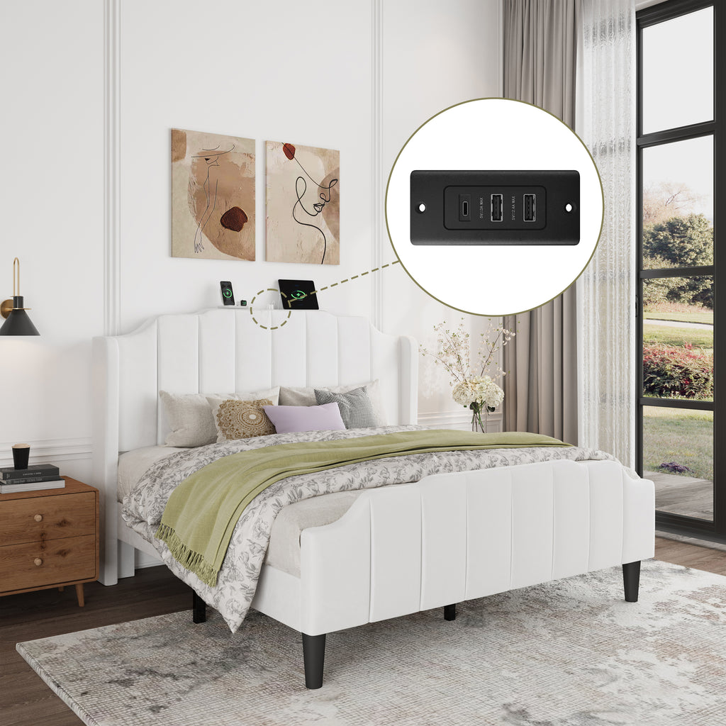 Einfach Platform Bed Frame with Curved Velvet Wingback Headboard & USB Charging Station
