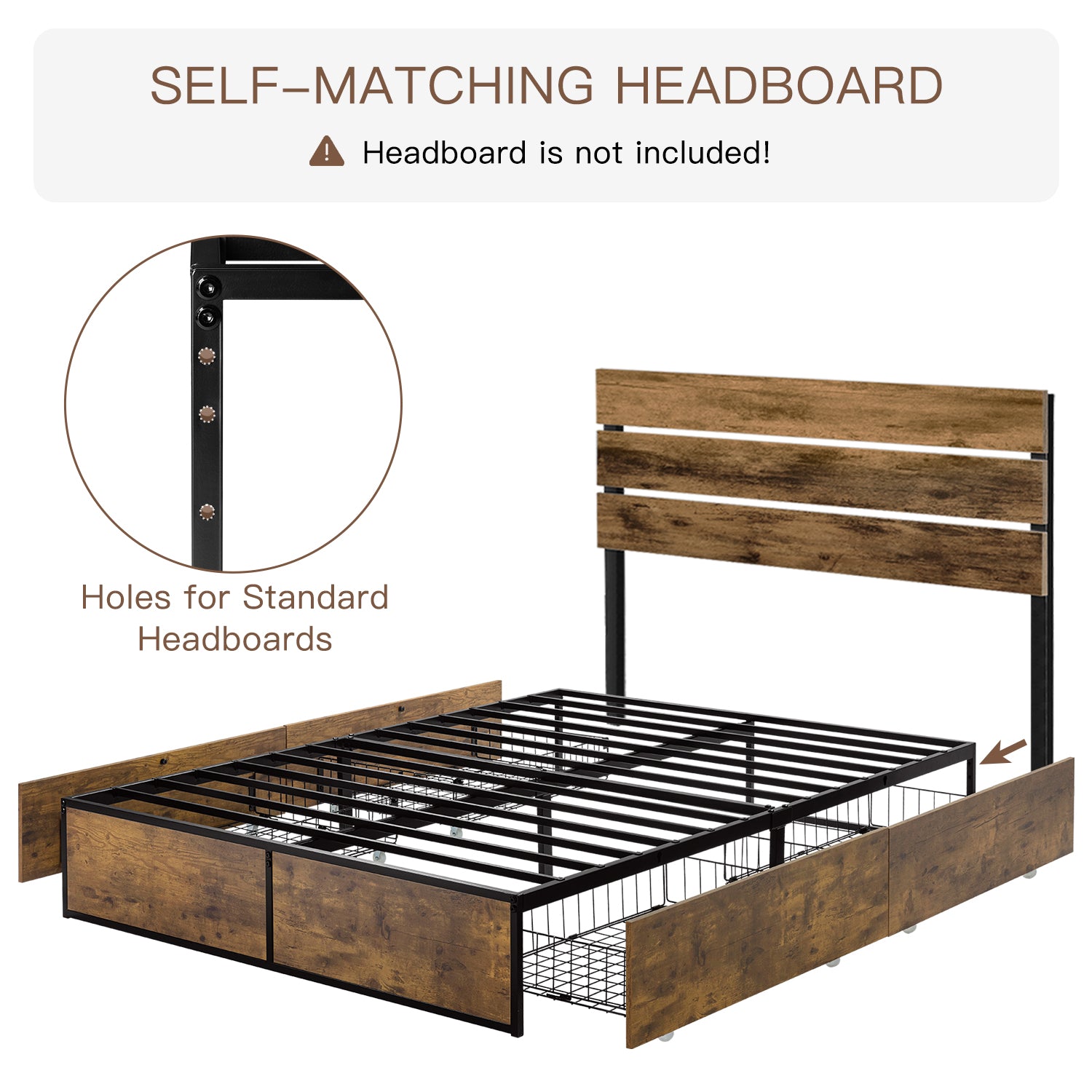 Einfach Platform Bed with 4 XL Drawers, Industrial Design, Brown