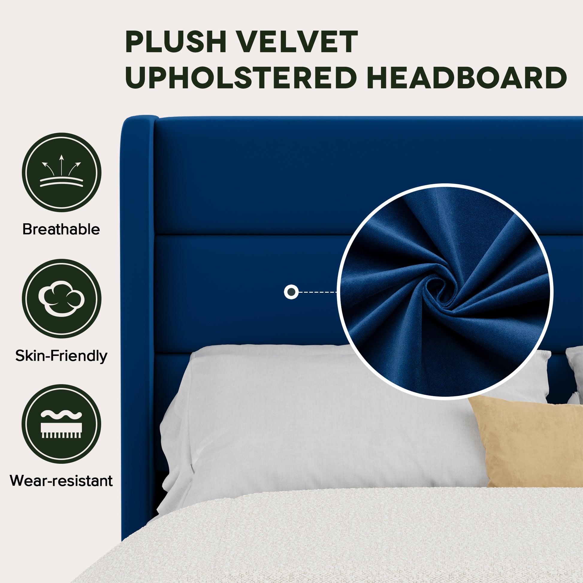 Einfach Luxury Velvet Upholstered Platform Bed Frame with Wingback Headboard