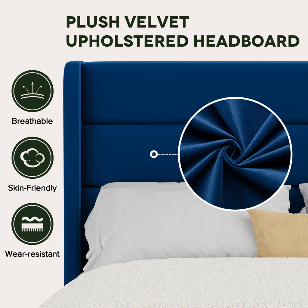 Einfach Luxury Velvet Upholstered Platform Bed Frame with Wingback Headboard