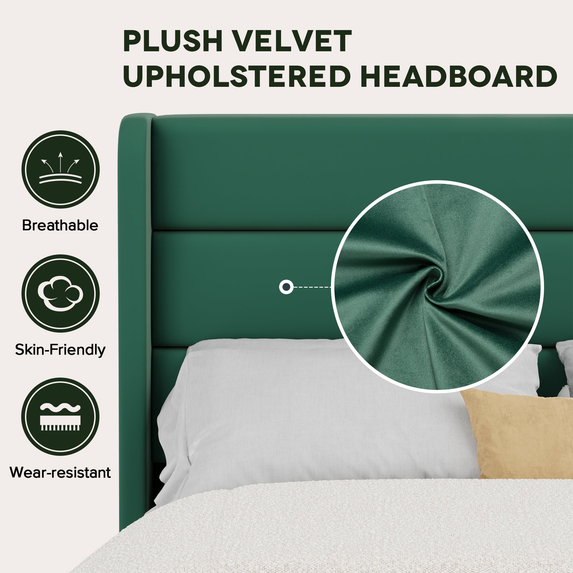Einfach Luxury Velvet Upholstered Platform Bed Frame with Wingback Headboard