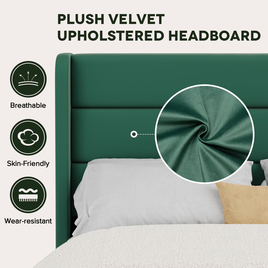 Einfach Luxury Velvet Upholstered Platform Bed Frame with Wingback Headboard