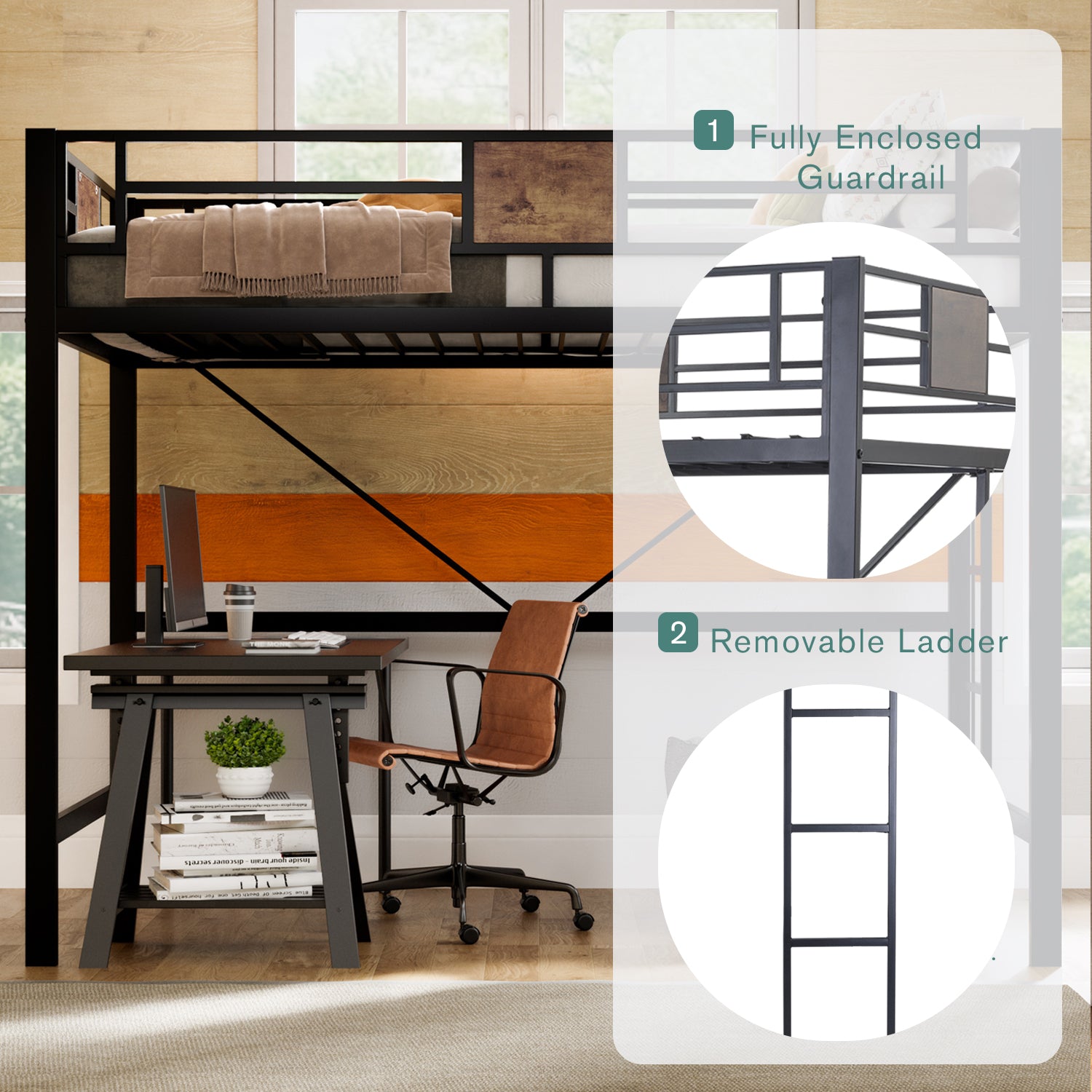 Einfach Twin Size Loft Bed Frame with 13''Fully Enclosed Guardrail and Removable Ladders, Black