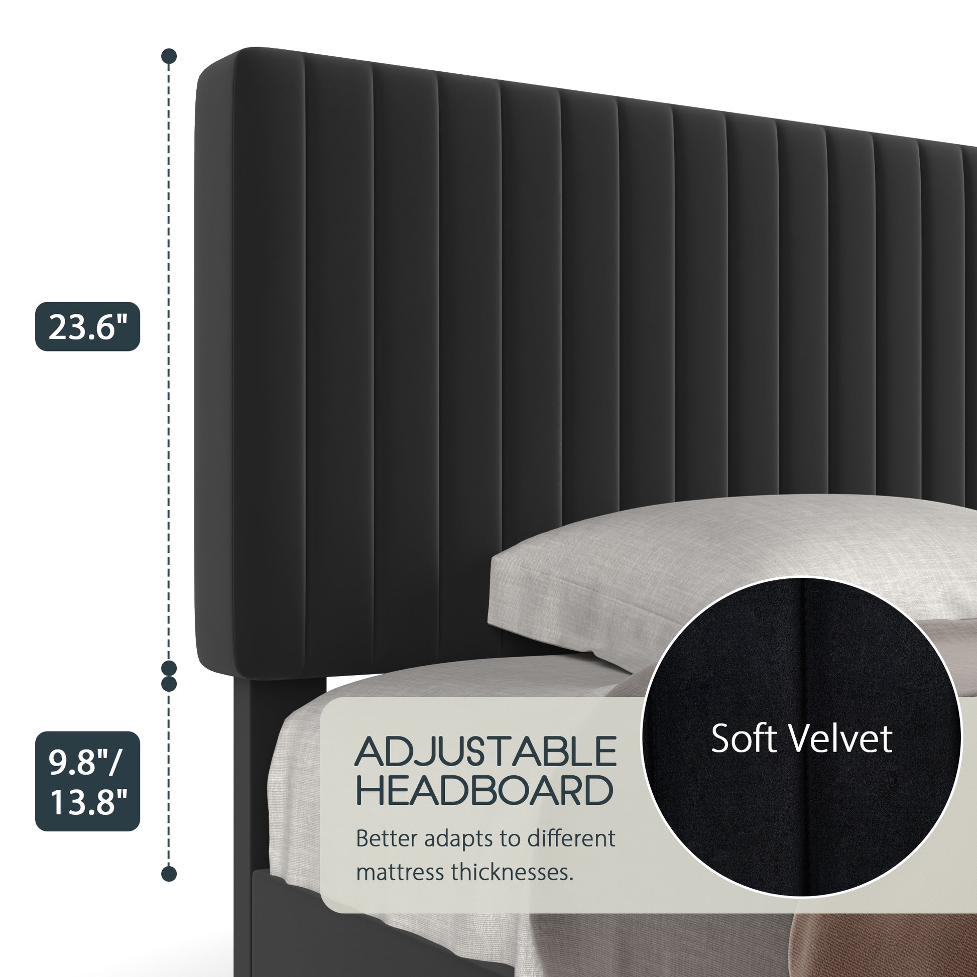Einfach Platform Bed Frame with Upholstered Adjustable Velvet Vertical Tufted Headboard