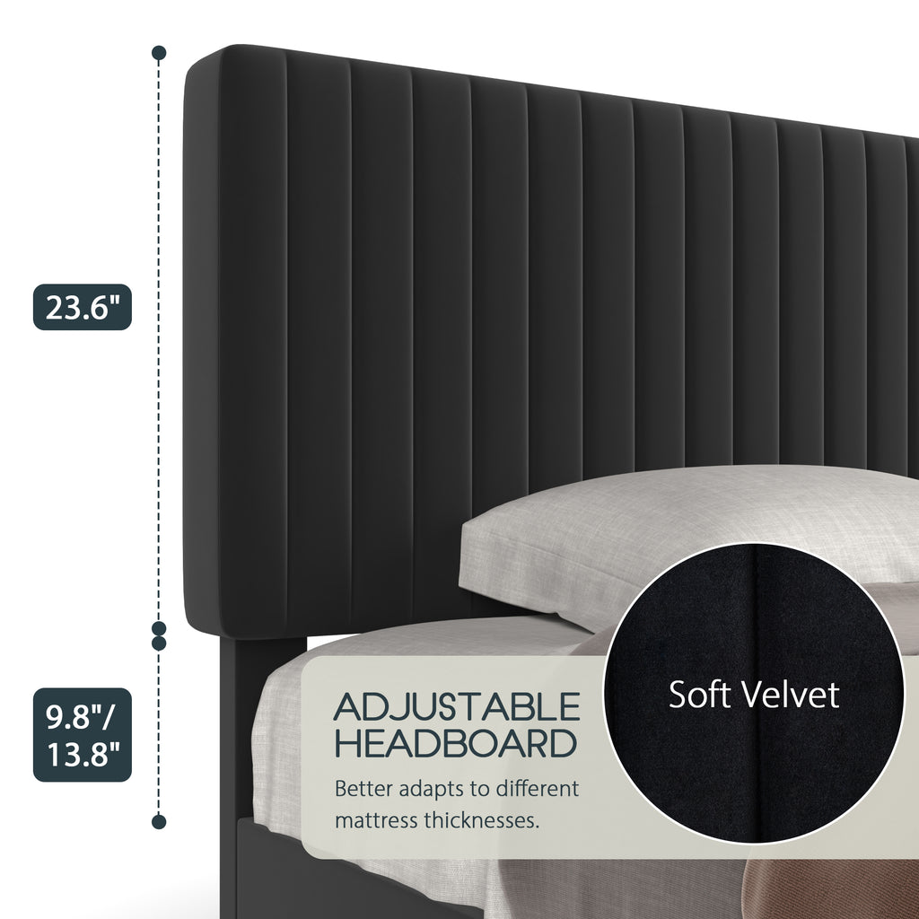 Einfach Platform Bed Frame with Upholstered Adjustable Velvet Vertical Tufted Headboard