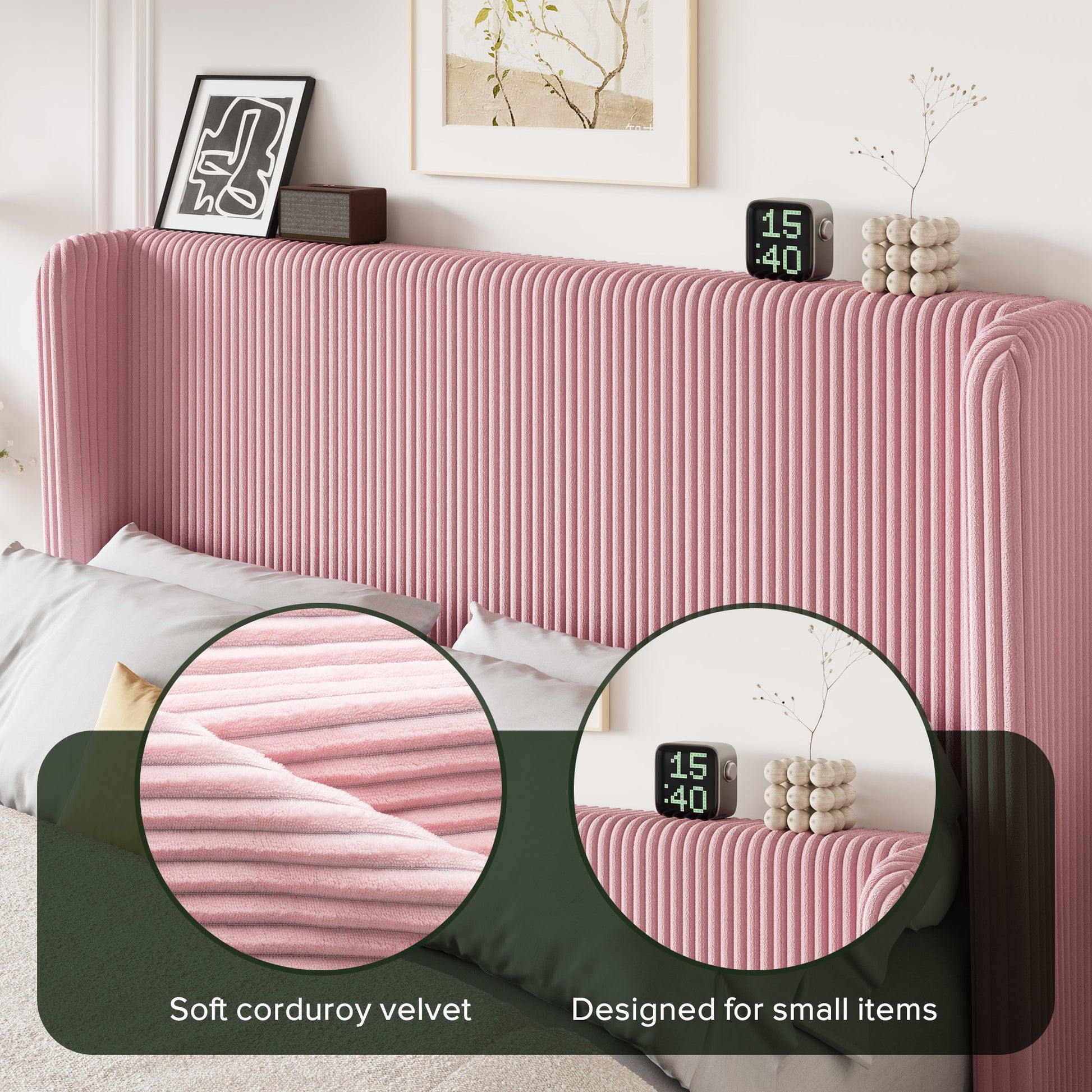 Einfach Luxury Channel-Tufted Corduroy Velvet Platform Bed Frame with Wingback Headboard