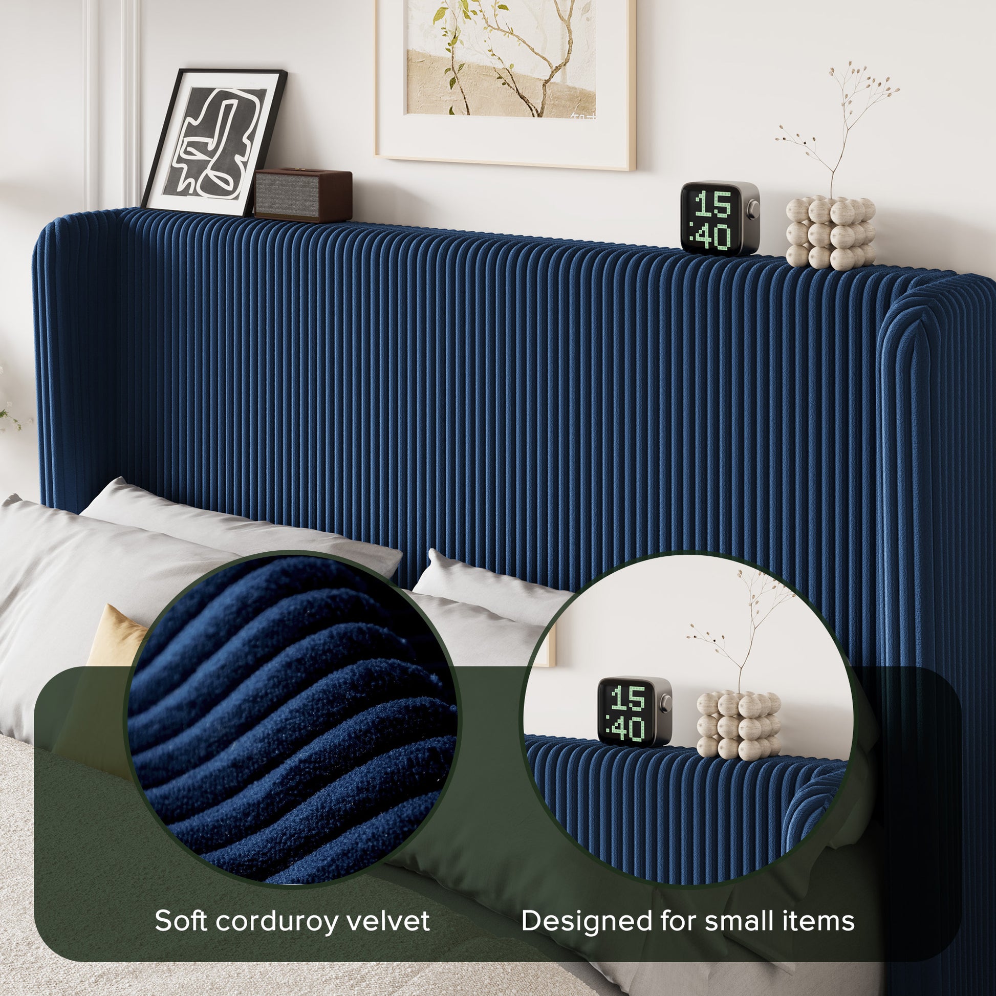 Einfach Luxury Channel-Tufted Corduroy Velvet Platform Bed Frame with Wingback Headboard