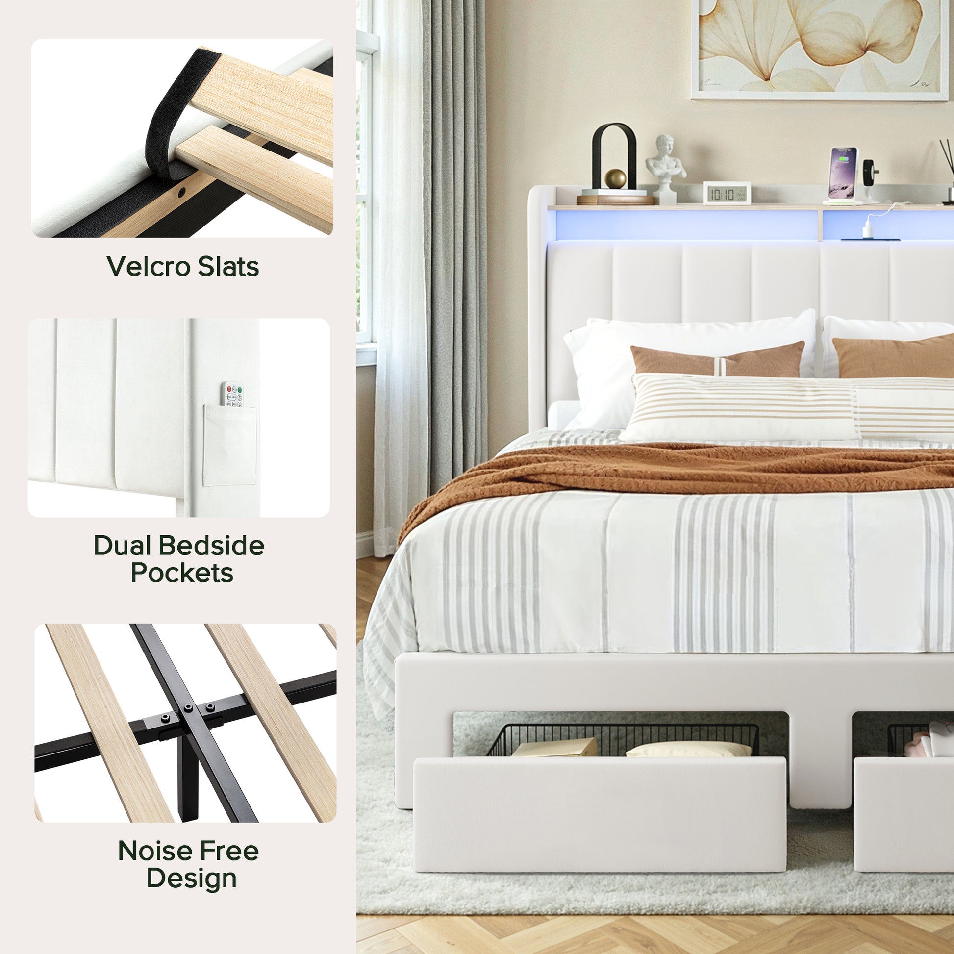 Einfach Bed Frame, Storage Bed with Built-In Charging Station, Velvet Upholstered Wingback Headboard