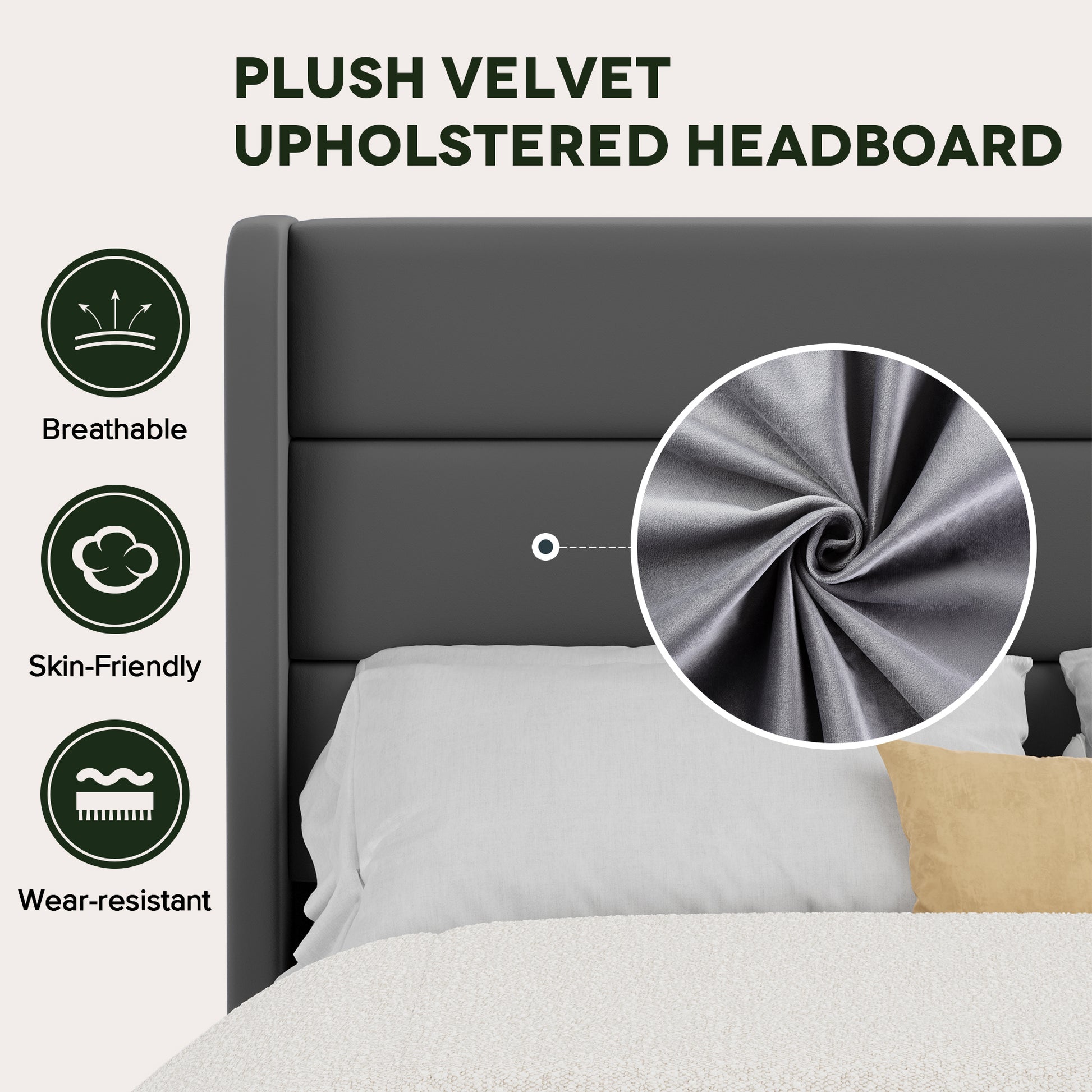 Einfach Luxury Velvet Upholstered Platform Bed Frame with Wingback Headboard