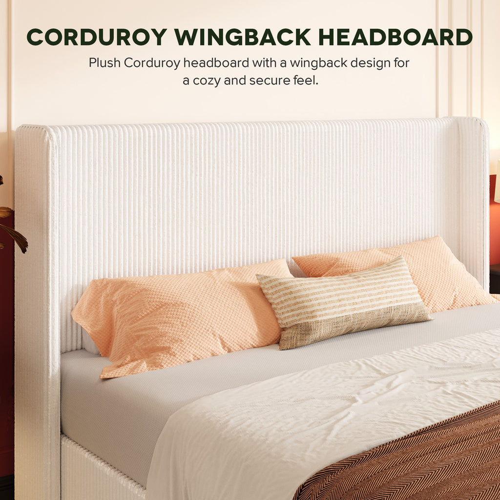 Einfach Hydraulic Lift Up Storage Bed Frame, Corduroy Upholstered Wingback Headboard, Ample Under-bed Storage
