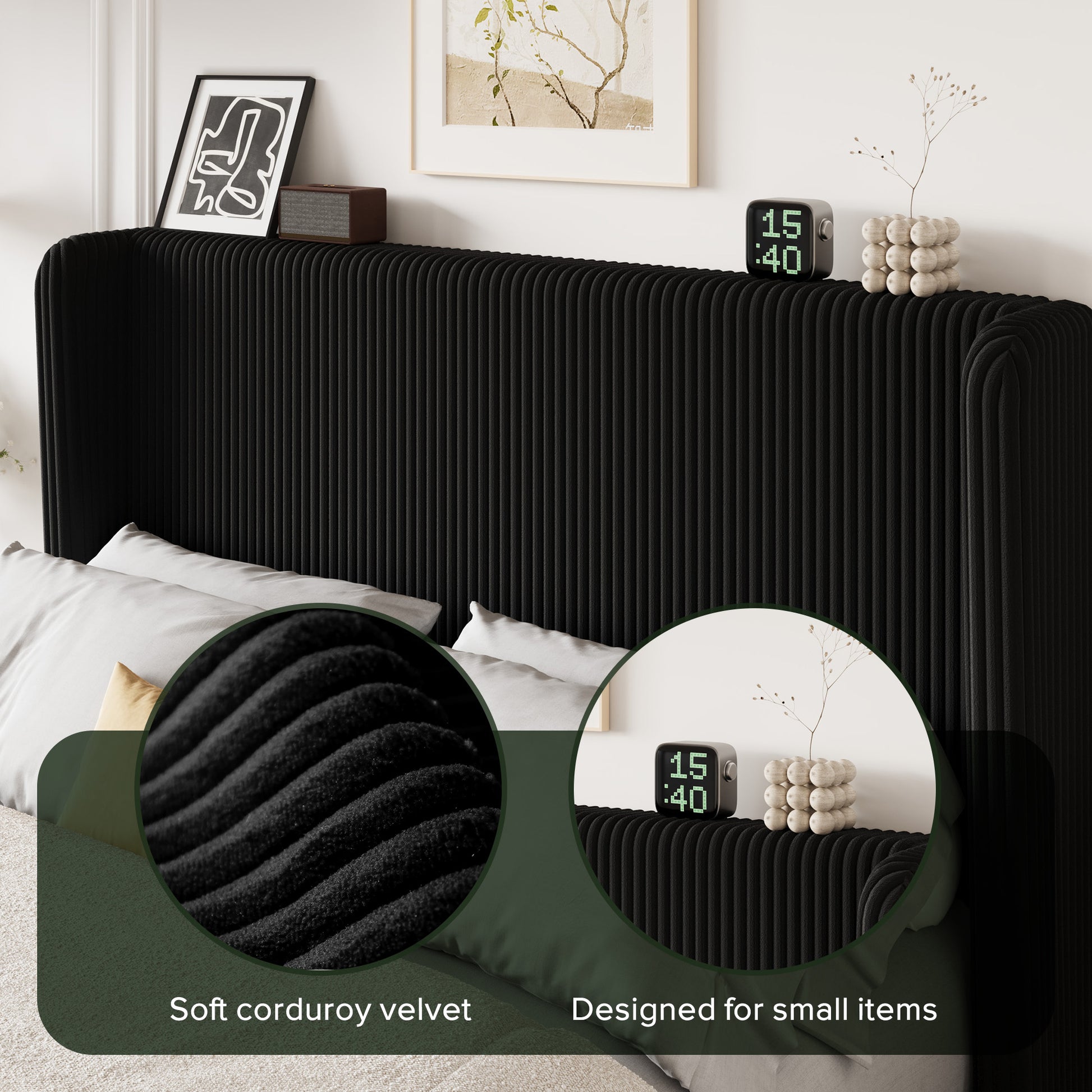 Einfach Luxury Channel-Tufted Corduroy Velvet Platform Bed Frame with Wingback Headboard