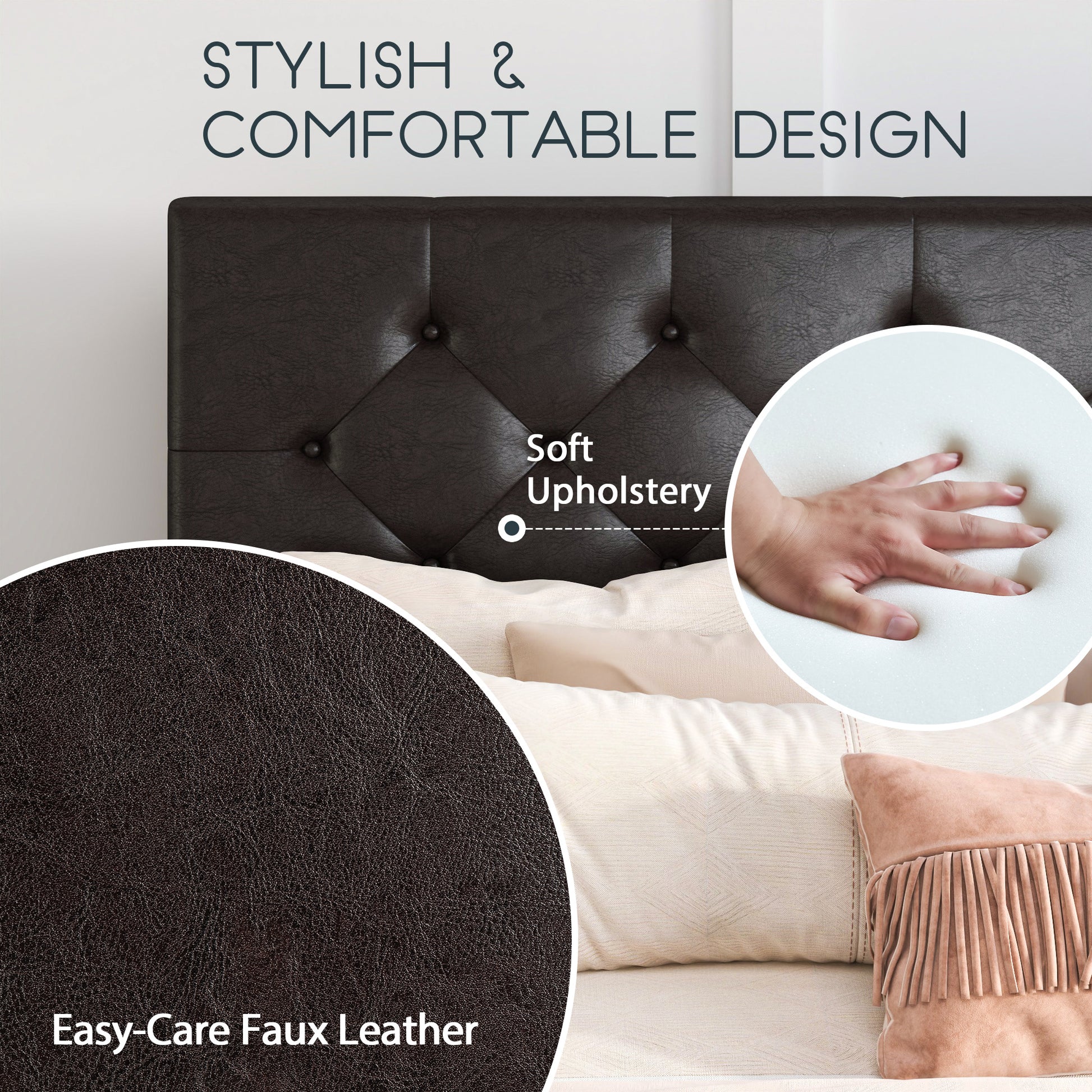Einfach PU Leather Platform Bed with 4 Big Storage Drawers, Diamond Button Tufted Adjustable Headboard