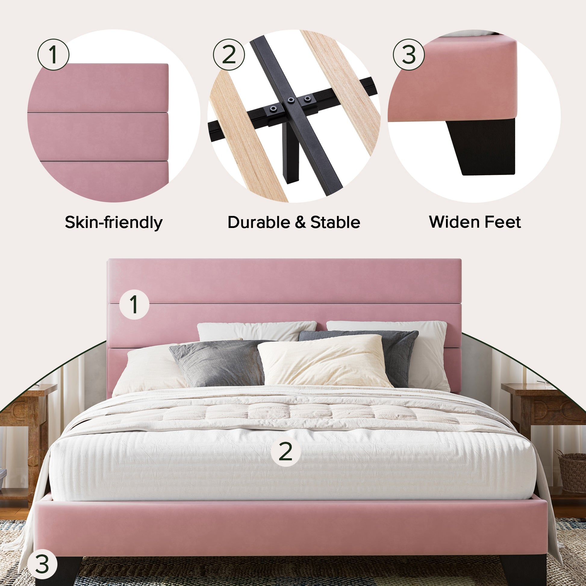 Einfach Bed Frame, Platform Bed Frame with Panel Upholstered Headboard