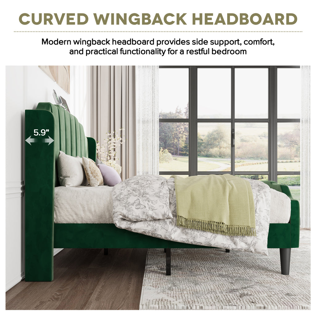 Einfach Platform Bed Frame with Curved Velvet Wingback Headboard & USB Charging Station
