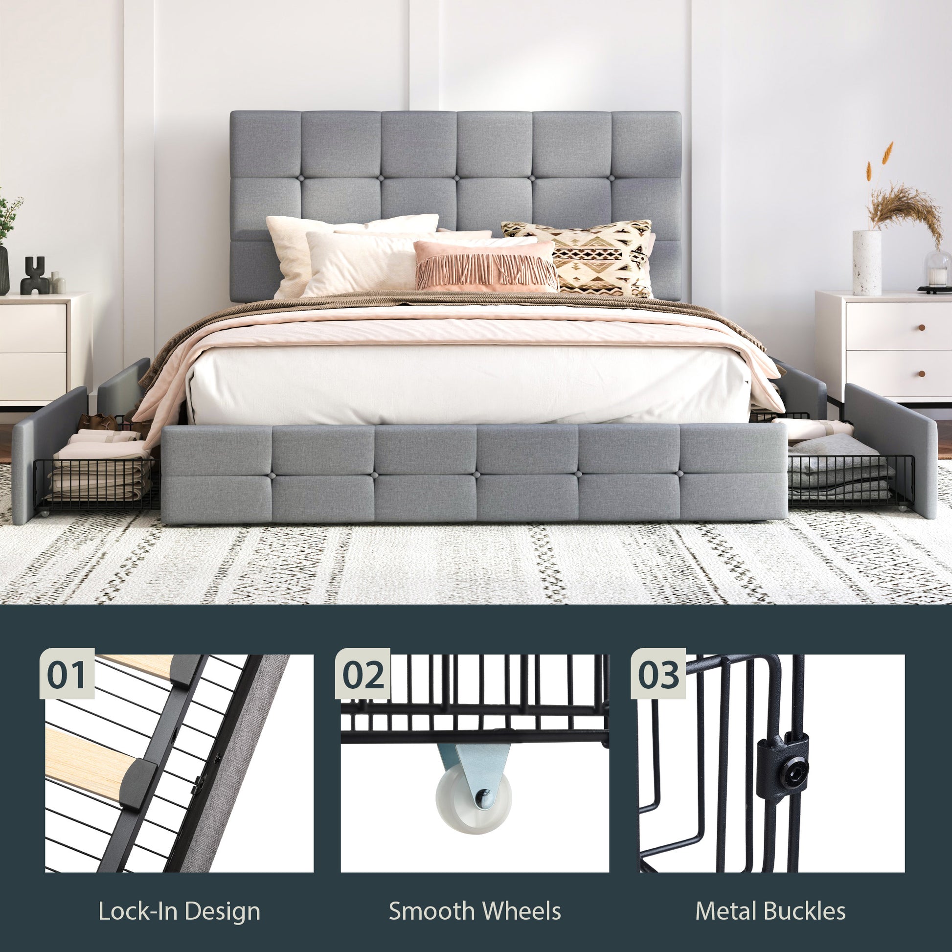 Einfach Linen Fabirc Platform Bed with 4 Big Storage Drawers, Adjustable Headboard