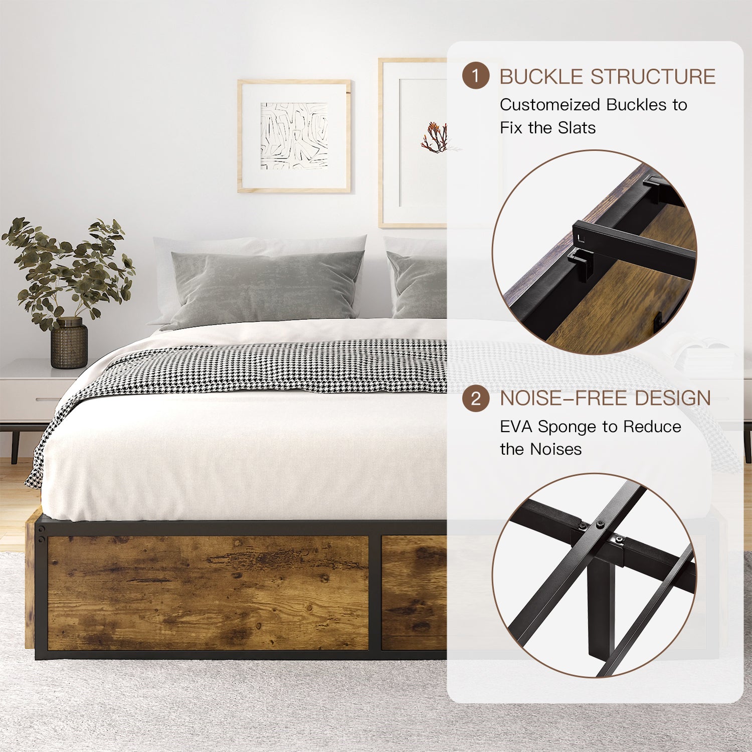 Einfach Platform Bed with 4 XL Drawers, Industrial Design, Brown