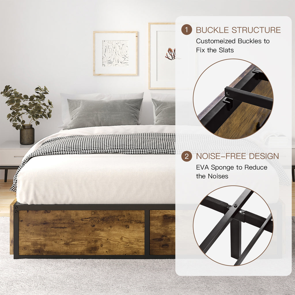 Einfach Platform Bed with 4 XL Drawers, Industrial Design, Brown