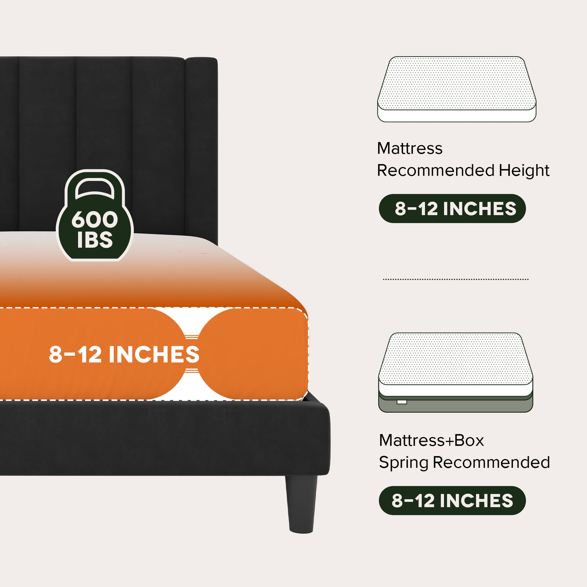 Einfach Twin Size Platform Bed Frame with Upholstered Velvet Headboard, No Box Spring Needed