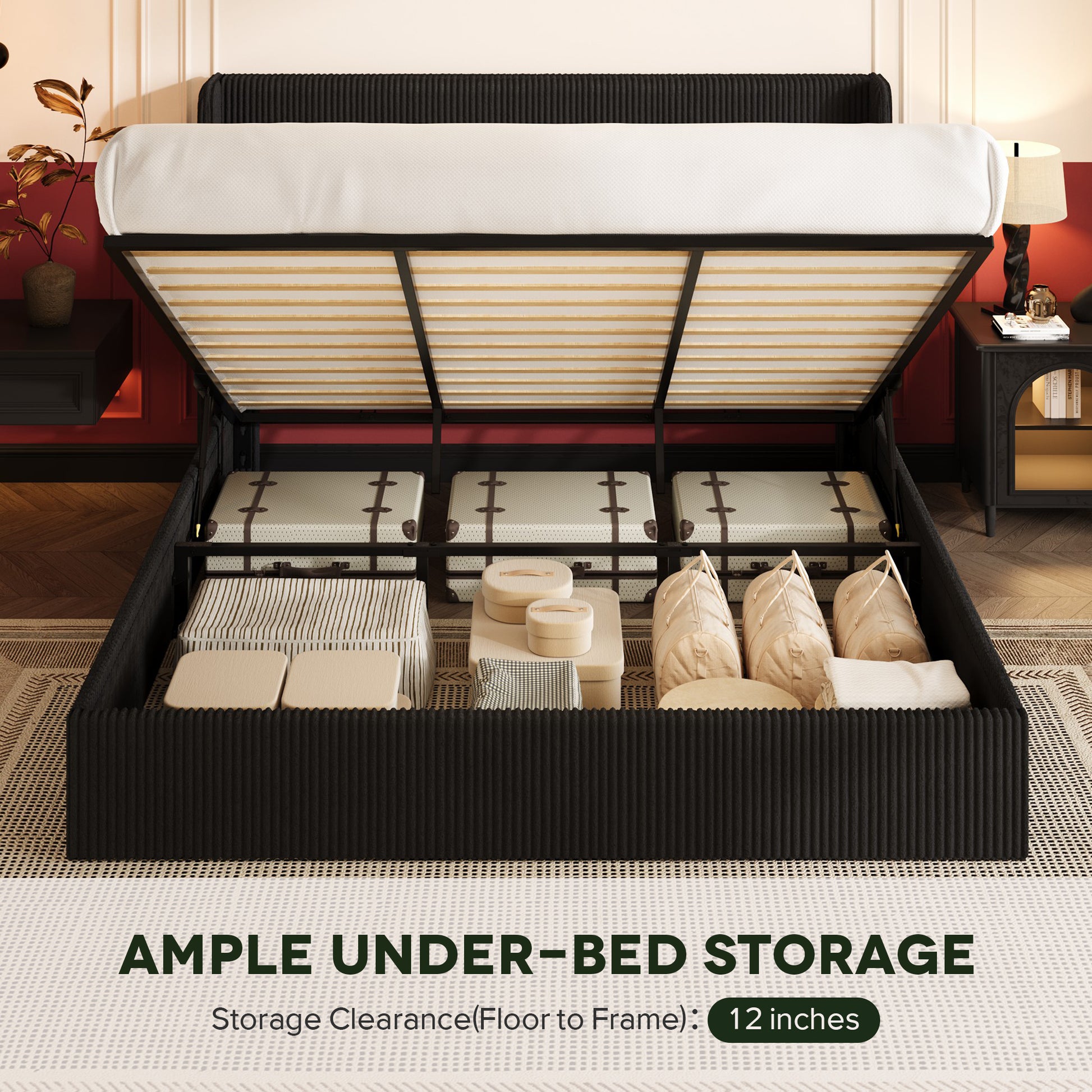 Einfach Hydraulic Lift Up Storage Bed Frame, Corduroy Upholstered Wingback Headboard, Ample Under-bed Storage