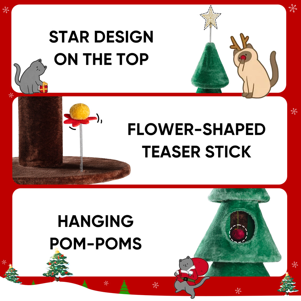 Einfach 63 inches Christmas Cat Tree and Tower Condo for Indoor Cats with Pom-Poms & Cat Teaser, Green & Brown