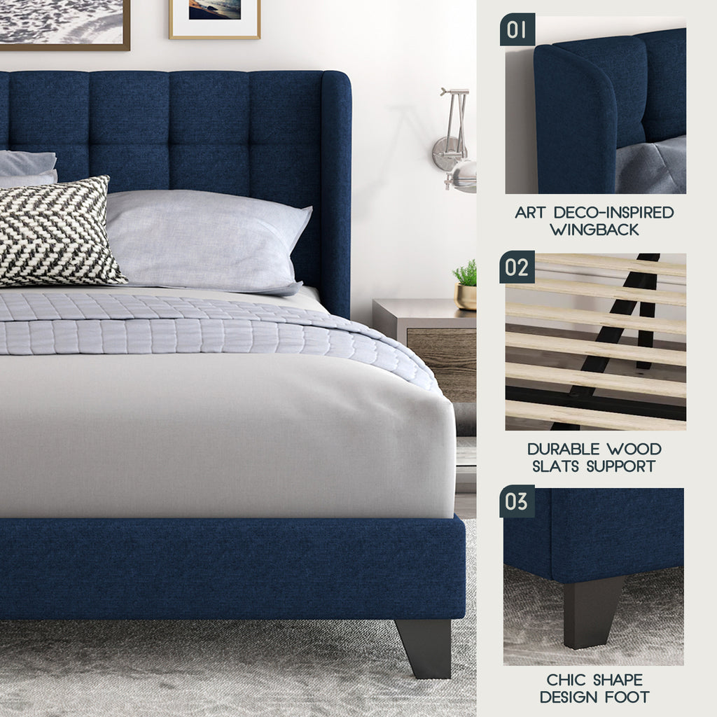 Einfach Linen Fabric Platform Bed with Upholstered Wingback Headboard