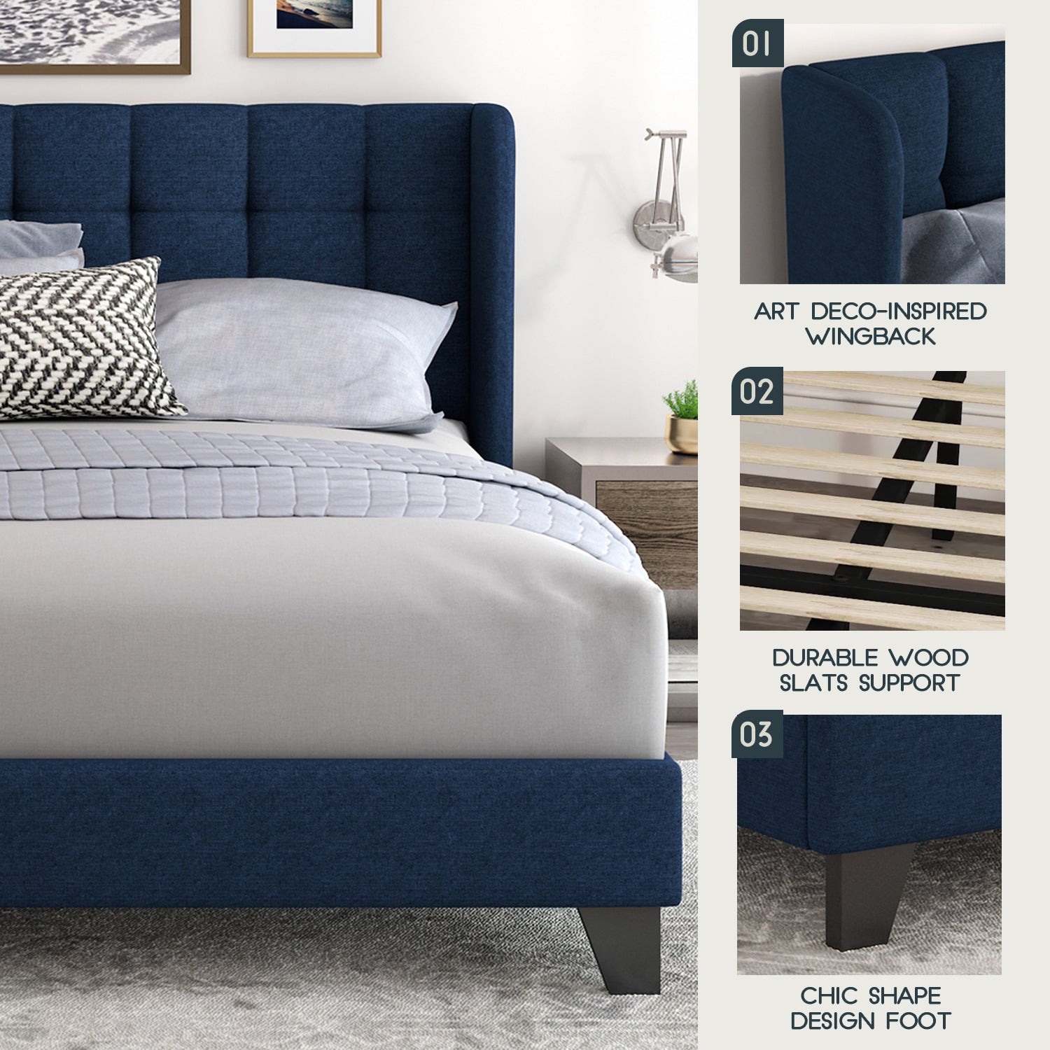 Einfach Linen Fabric Platform Bed with Upholstered Wingback Headboard