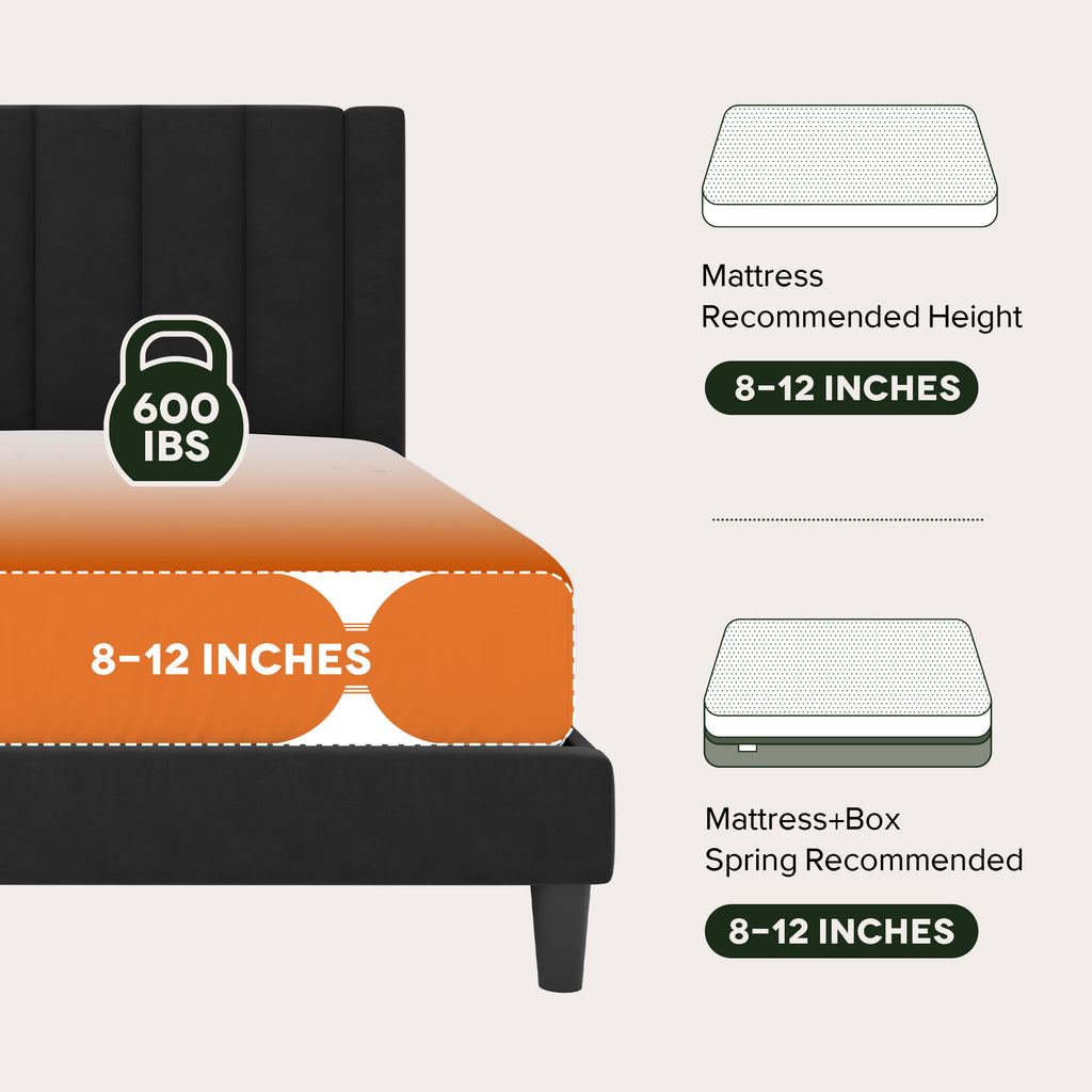 Einfach Twin Bed Frame, Platform Bed with Upholstered Velvet Vertical Channel Headboard