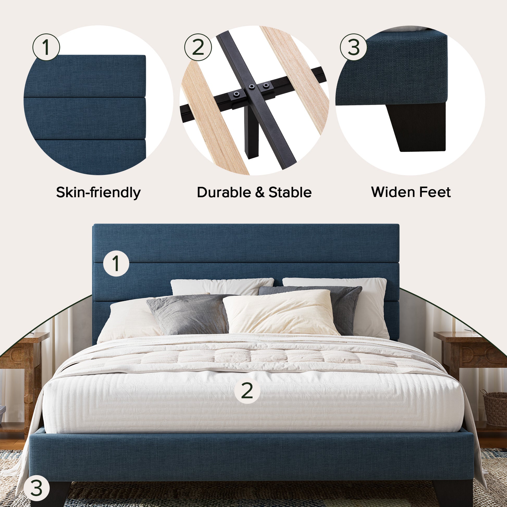 Einfach Bed Frame, Platform Bed Frame with Pannel Upholstered Fabric Headboard