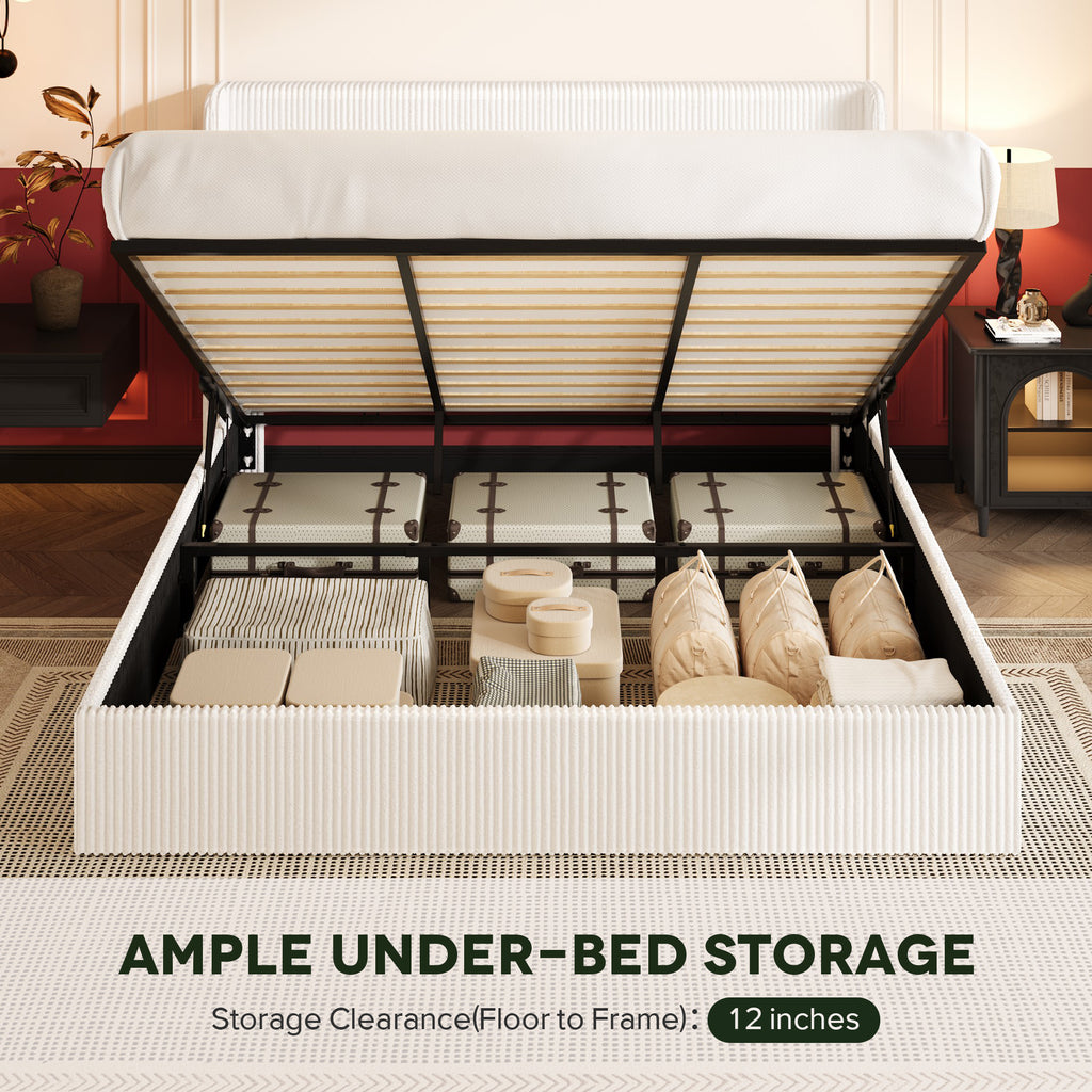 Einfach Hydraulic Lift Up Storage Bed Frame, Corduroy Upholstered Wingback Headboard, Ample Under-bed Storage