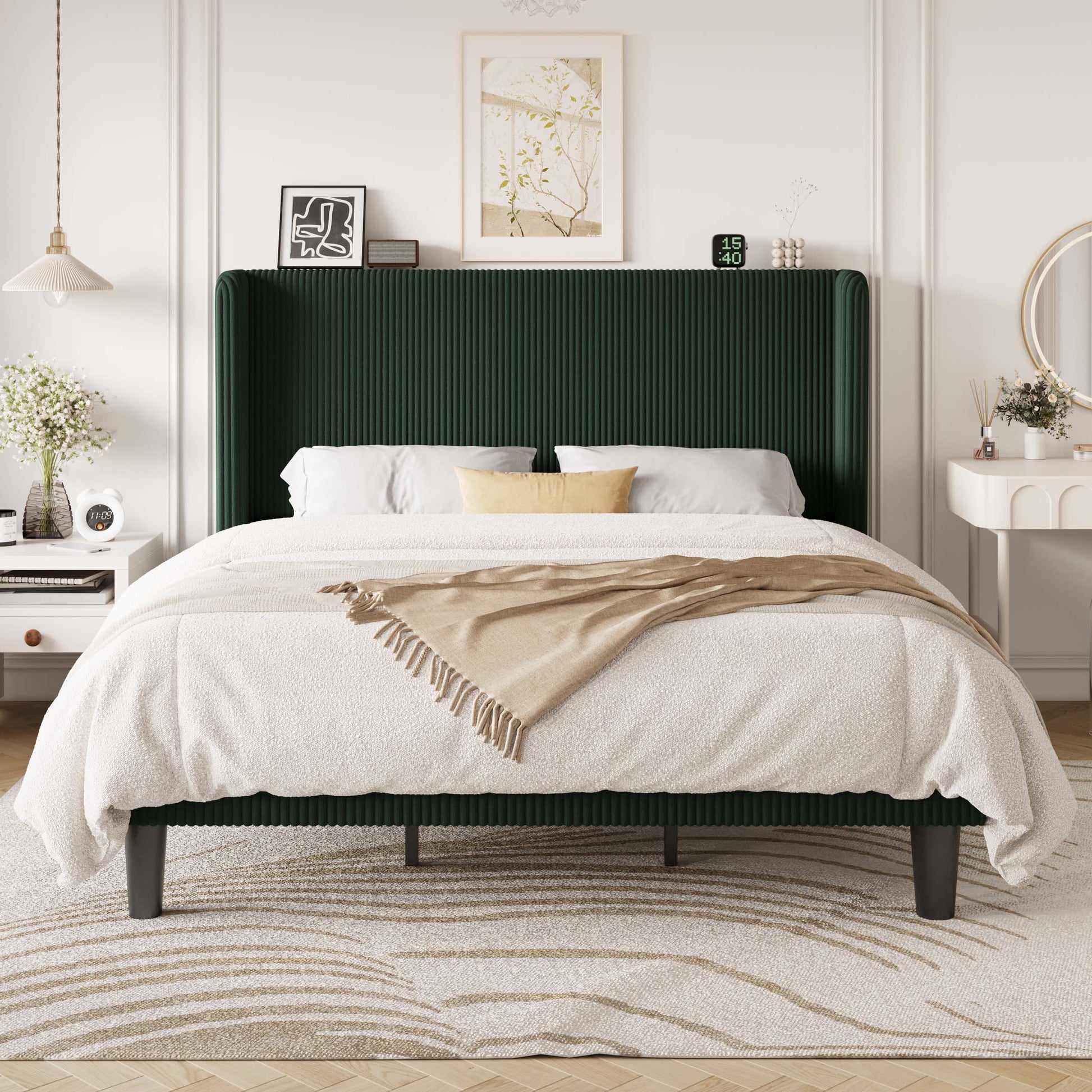 Einfach Luxury Channel-Tufted Corduroy Velvet Platform Bed Frame with Wingback Headboard