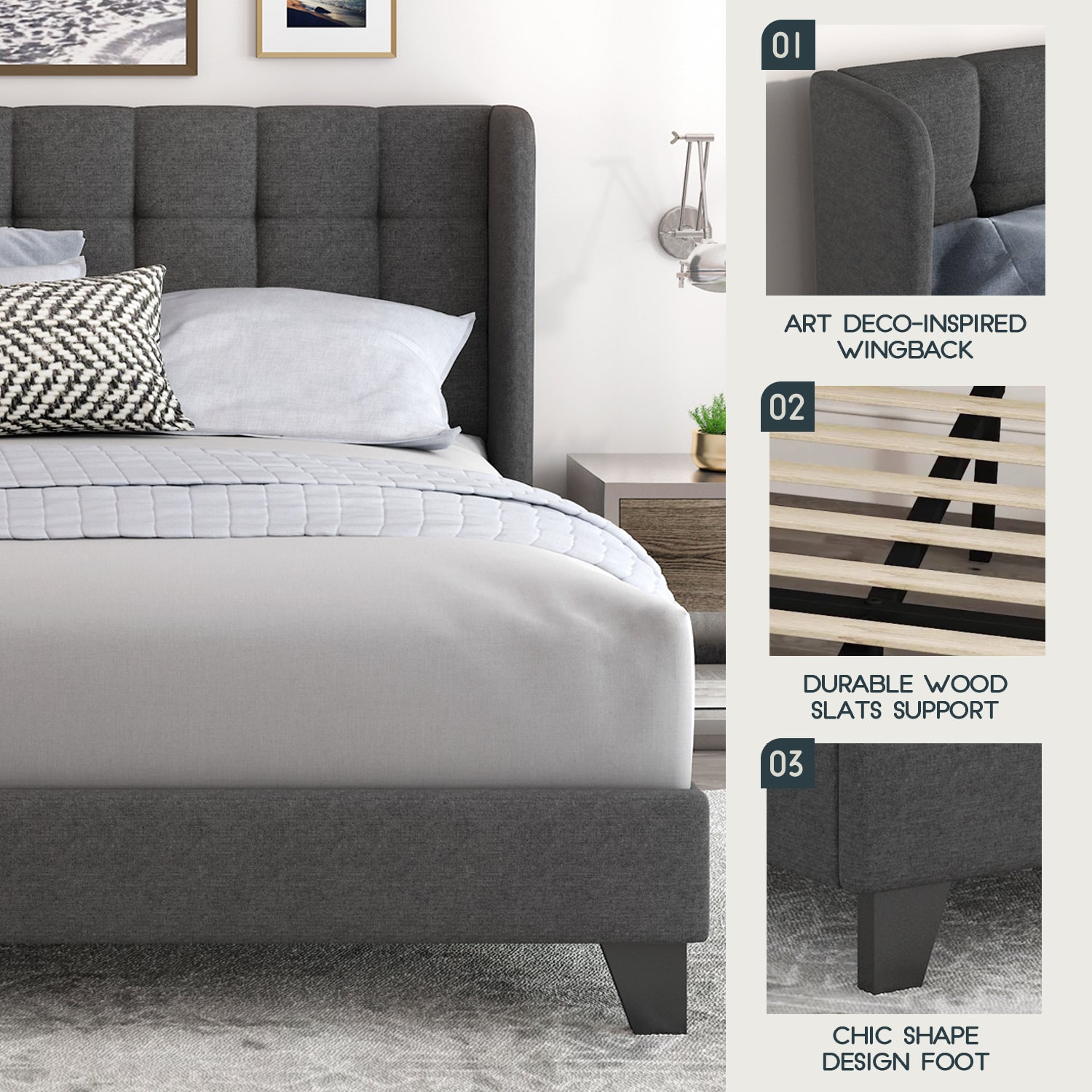 Einfach Linen Fabric Platform Bed with Upholstered Wingback Headboard