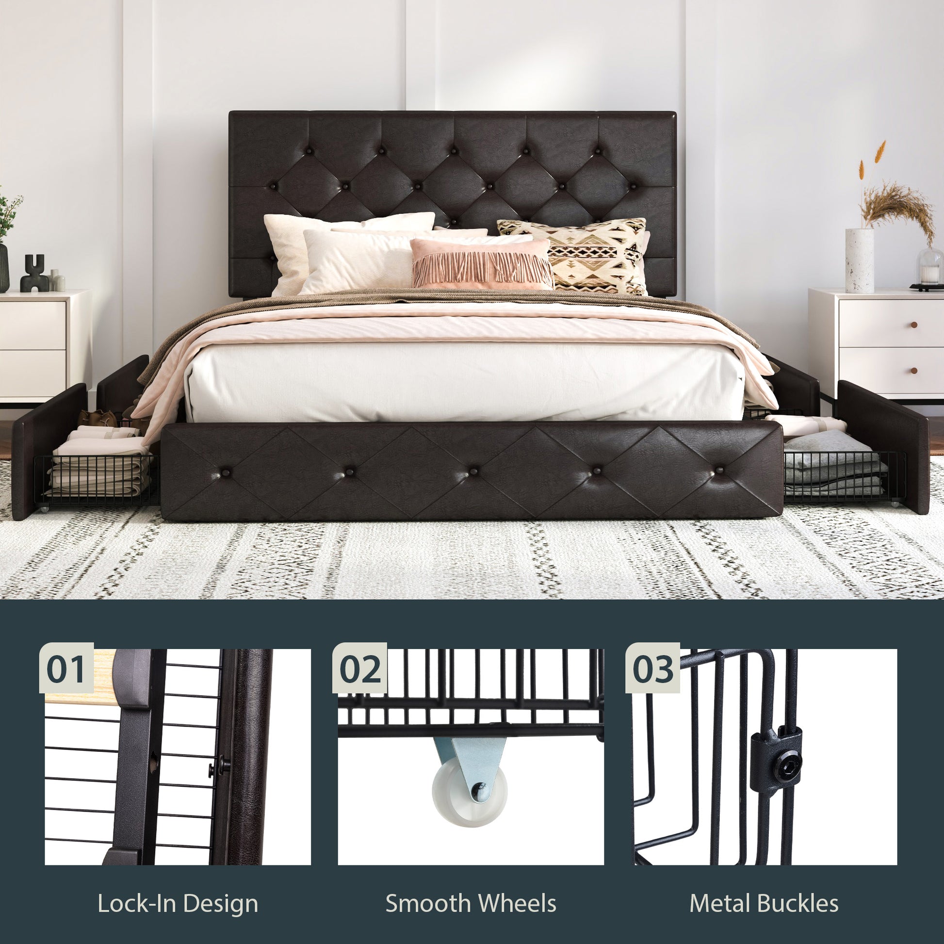 Einfach PU Leather Platform Bed with 4 Big Storage Drawers, Diamond Button Tufted Adjustable Headboard