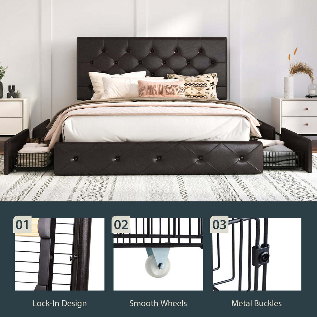 Einfach PU Leather Platform Bed with 4 Big Storage Drawers, Diamond Button Tufted Adjustable Headboard