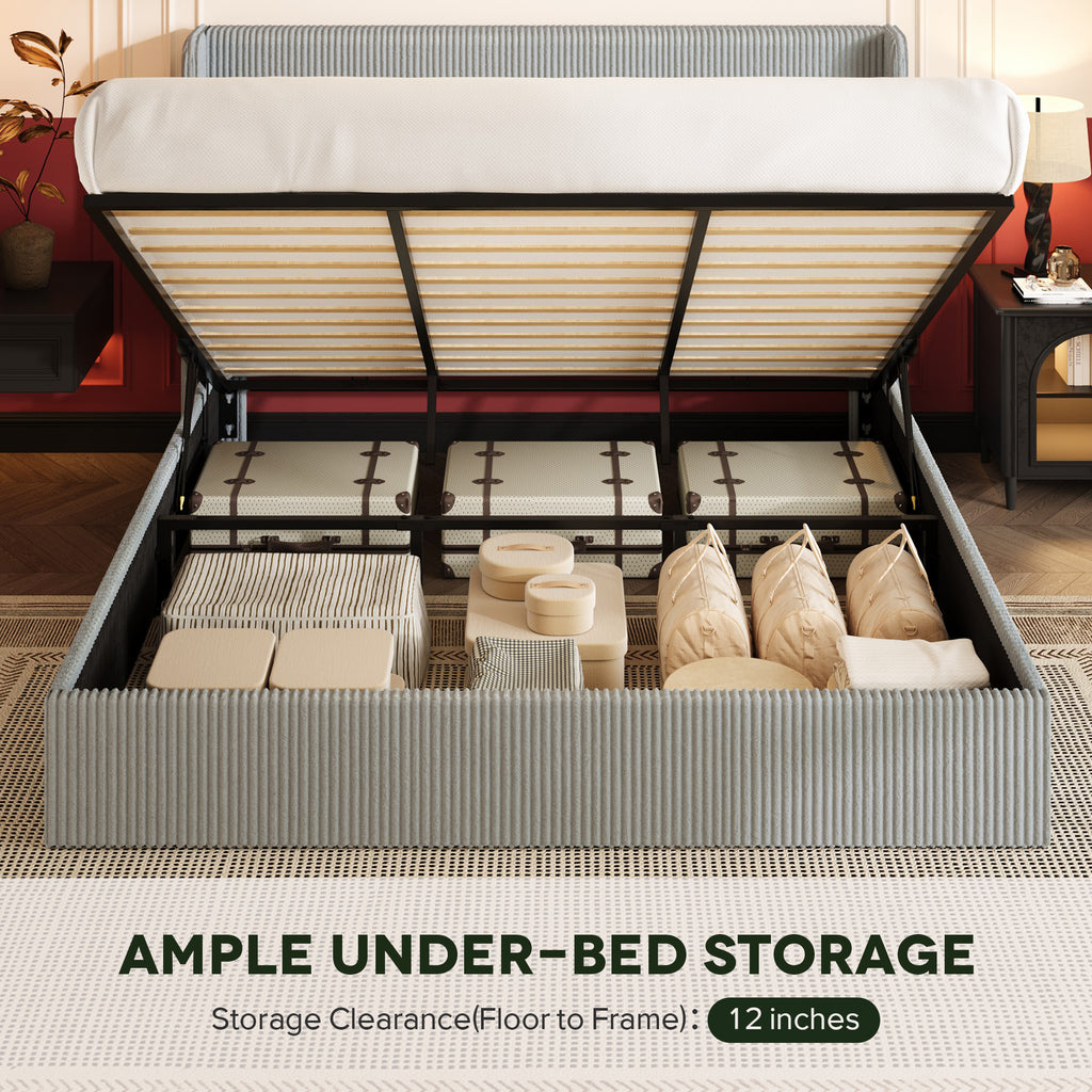 Einfach Hydraulic Lift Up Storage Bed Frame, Corduroy Upholstered Wingback Headboard, Ample Under-bed Storage