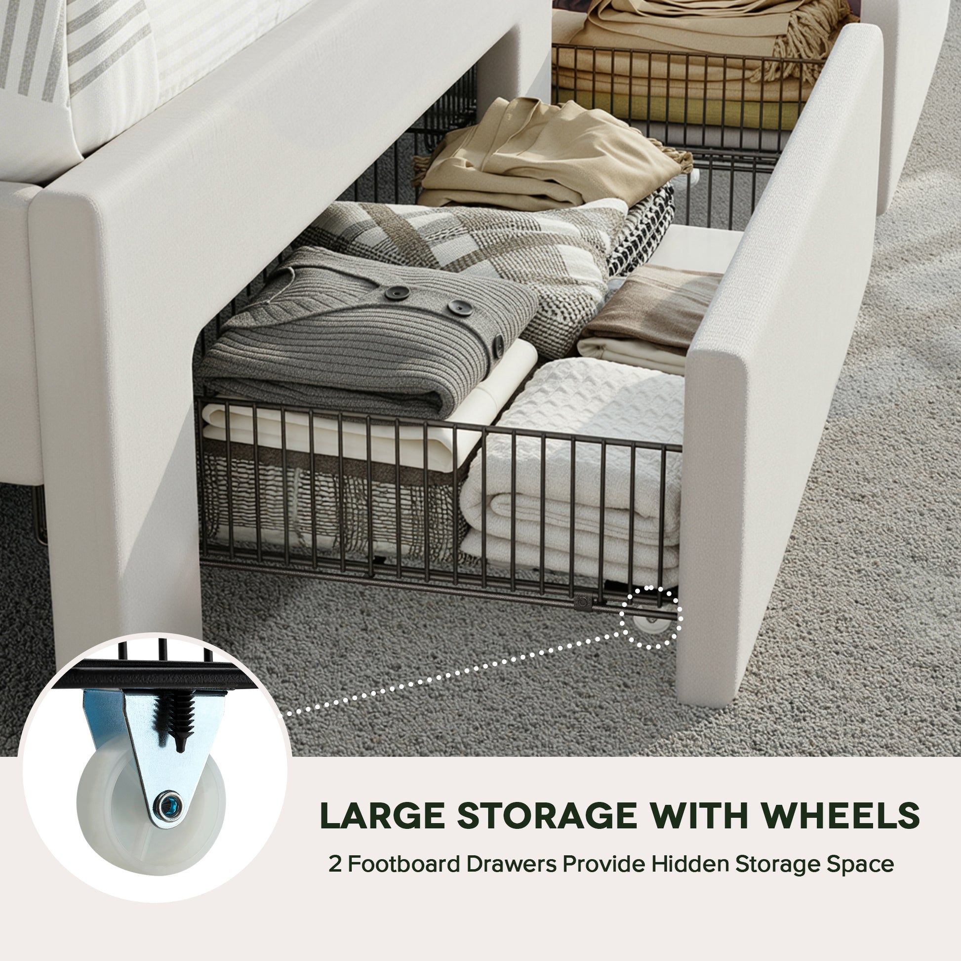 Einfach Bed Frame, Storage Bed with Built-In Charging Station, Velvet Upholstered Wingback Headboard