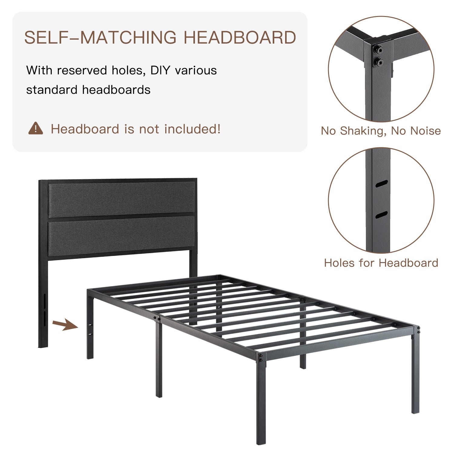 Einfach Platform Bed Frame with Metal Slat Support,16.5'' Under-bed Storage Space, Black