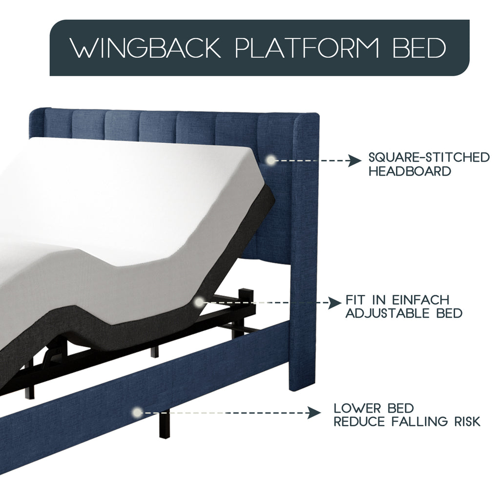 Einfach Linen Fabric Platform Bed with Upholstered Wingback Headboard