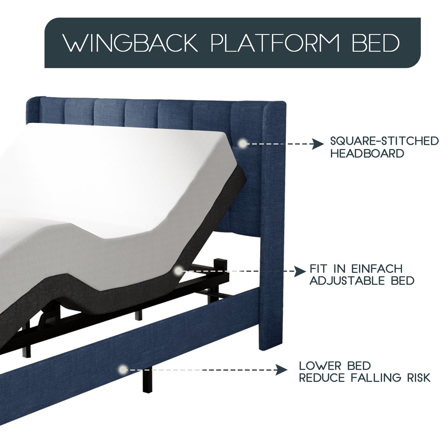 Einfach Linen Fabric Platform Bed with Upholstered Wingback Headboard