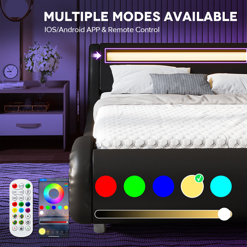 Einfach Faux Leather LED Sleigh Bed with Functional Headboard