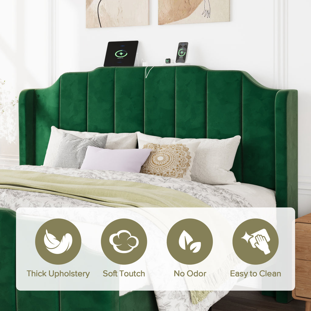 Einfach Platform Bed Frame with Curved Velvet Wingback Headboard & USB Charging Station