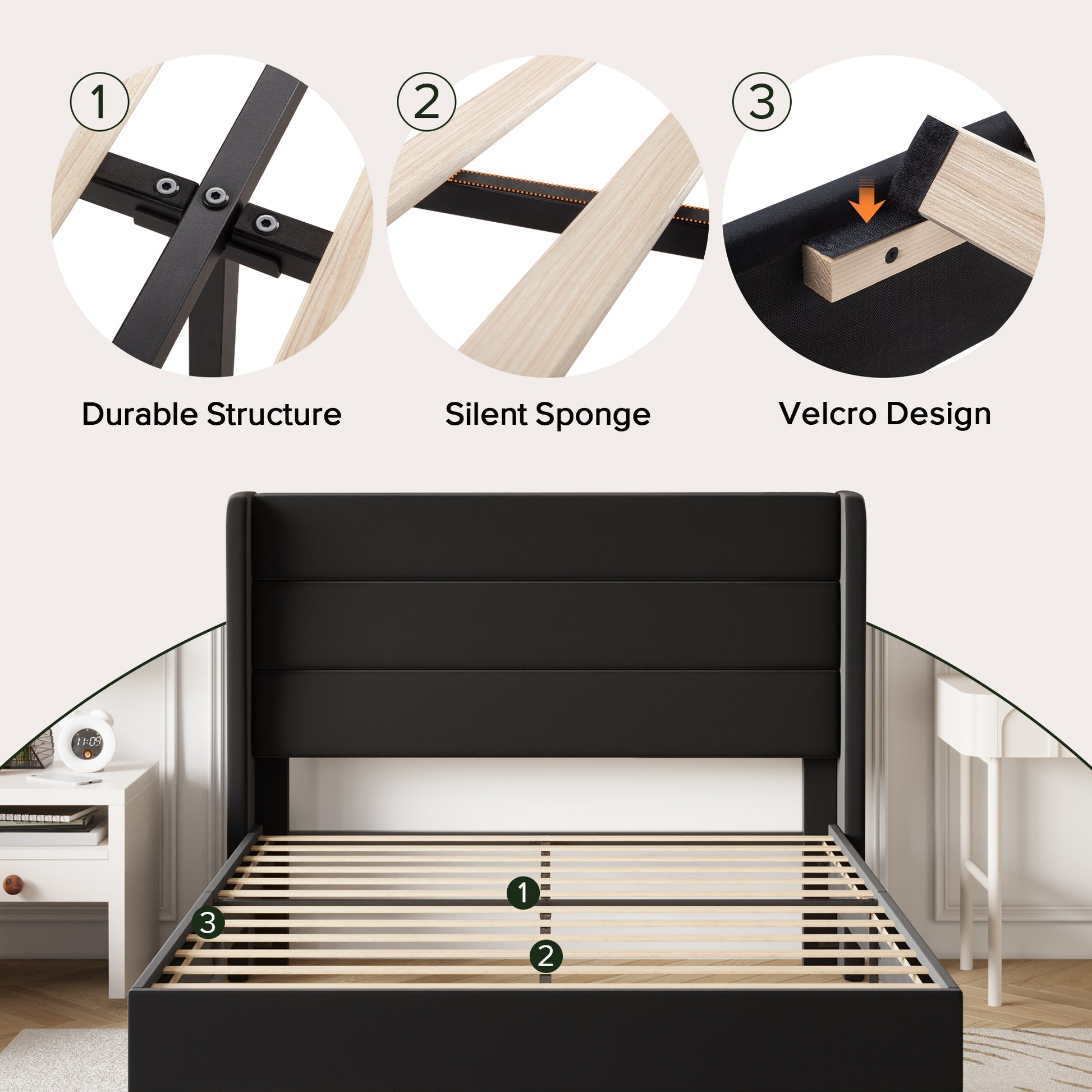 Einfach Luxury Velvet Upholstered Platform Bed Frame with Wingback Headboard