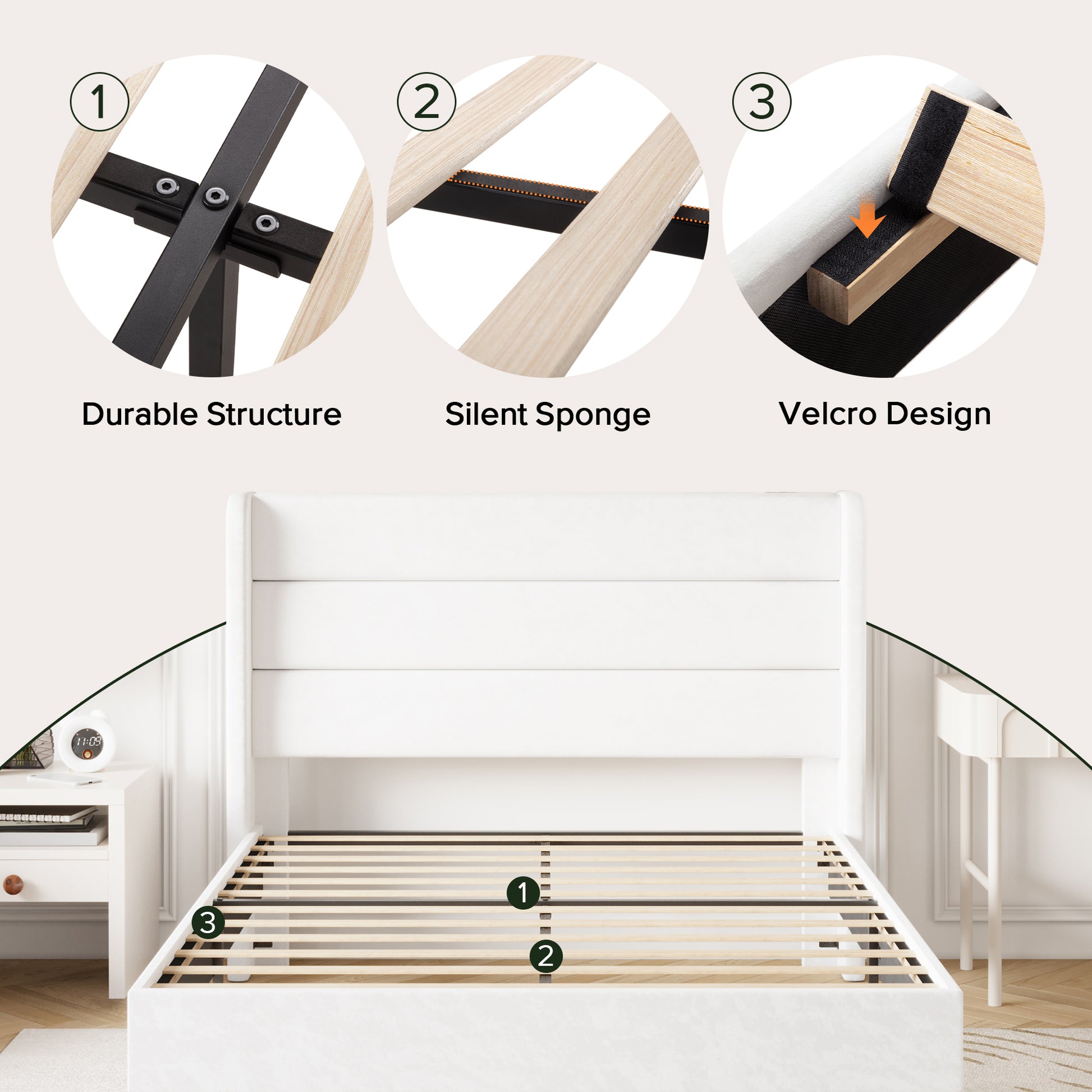 Einfach Luxury Velvet Upholstered Platform Bed Frame with Wingback Headboard