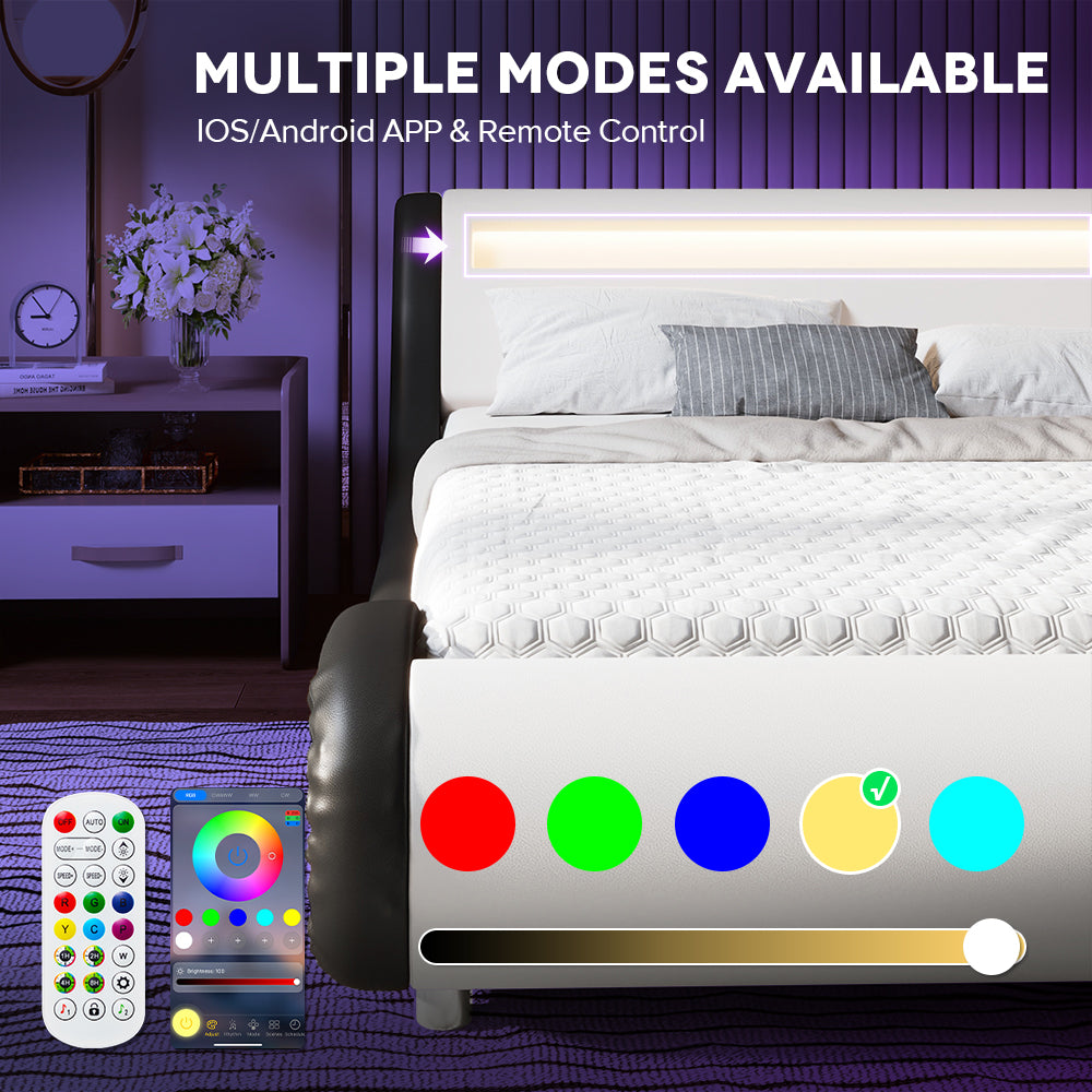 Einfach Faux Leather LED Sleigh Bed with Functional Headboard