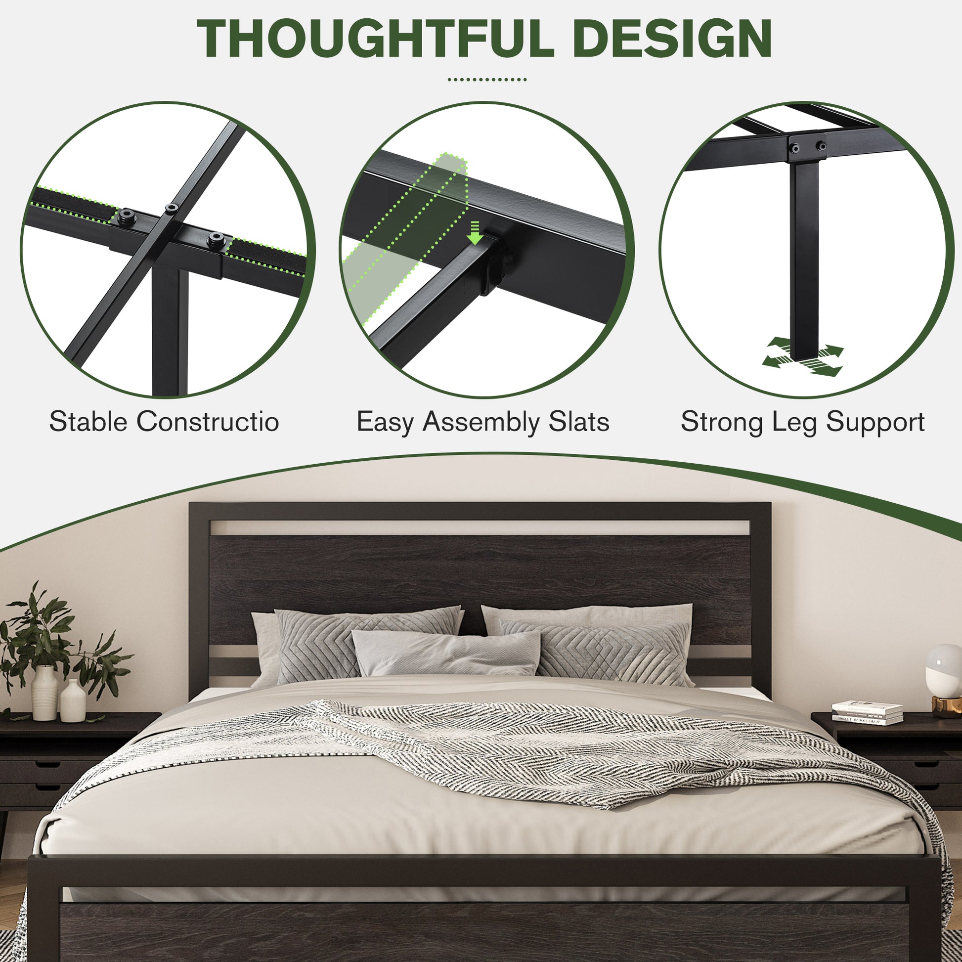 Einfach Metal Platform Bed Frame with Wooden Headboard & Footboard