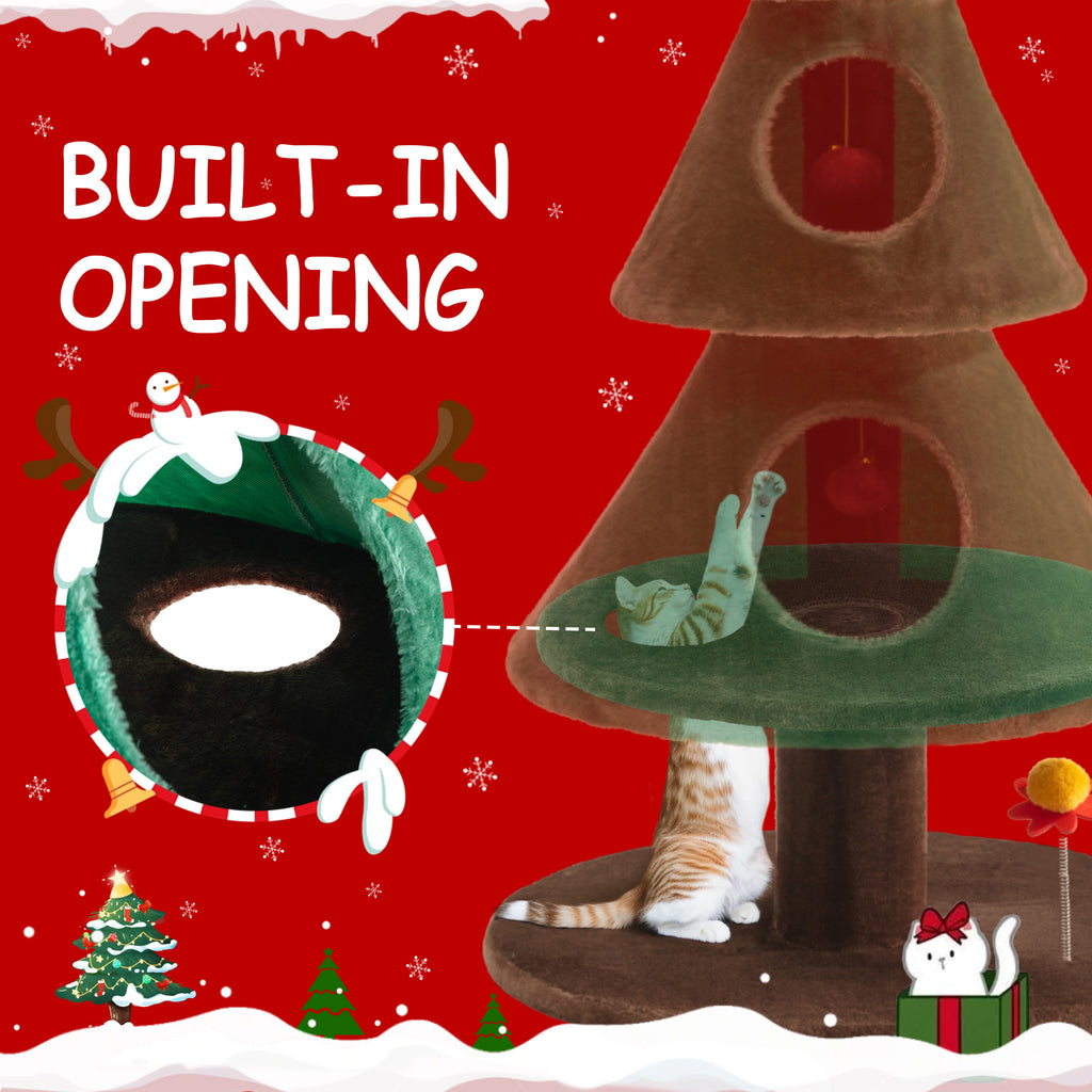 Einfach 63 inches Christmas Cat Tree and Tower Condo for Indoor Cats with Pom-Poms & Cat Teaser, Green & Brown