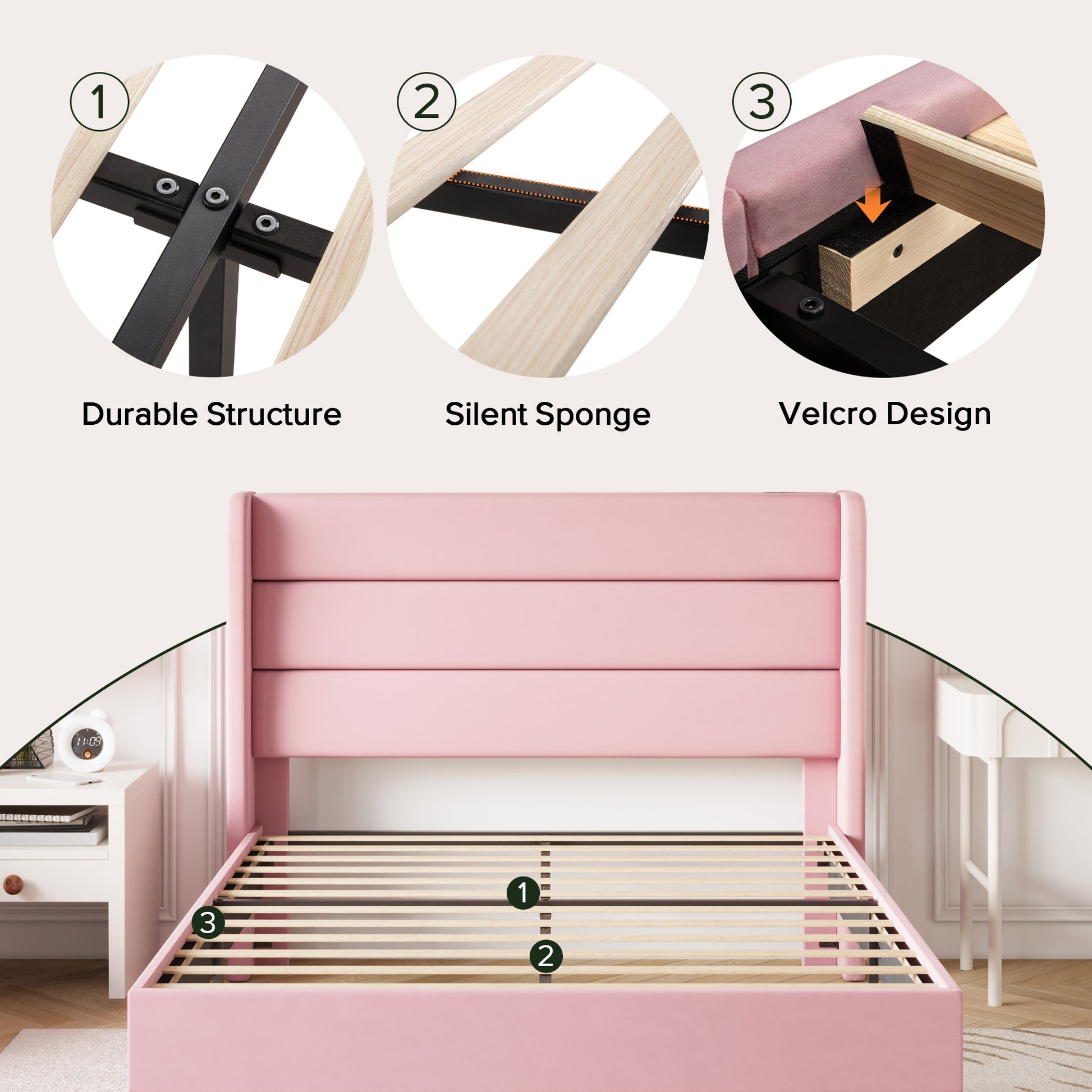 Einfach Luxury Velvet Upholstered Platform Bed Frame with Wingback Headboard
